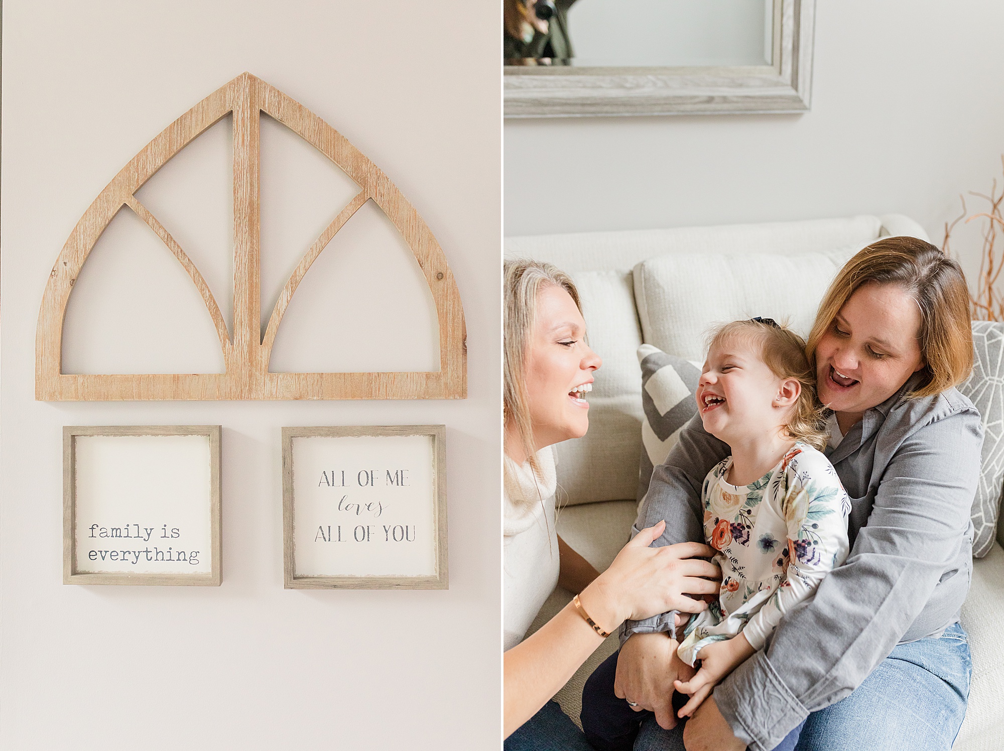 moms laugh with toddler during Columbia MD family portraits