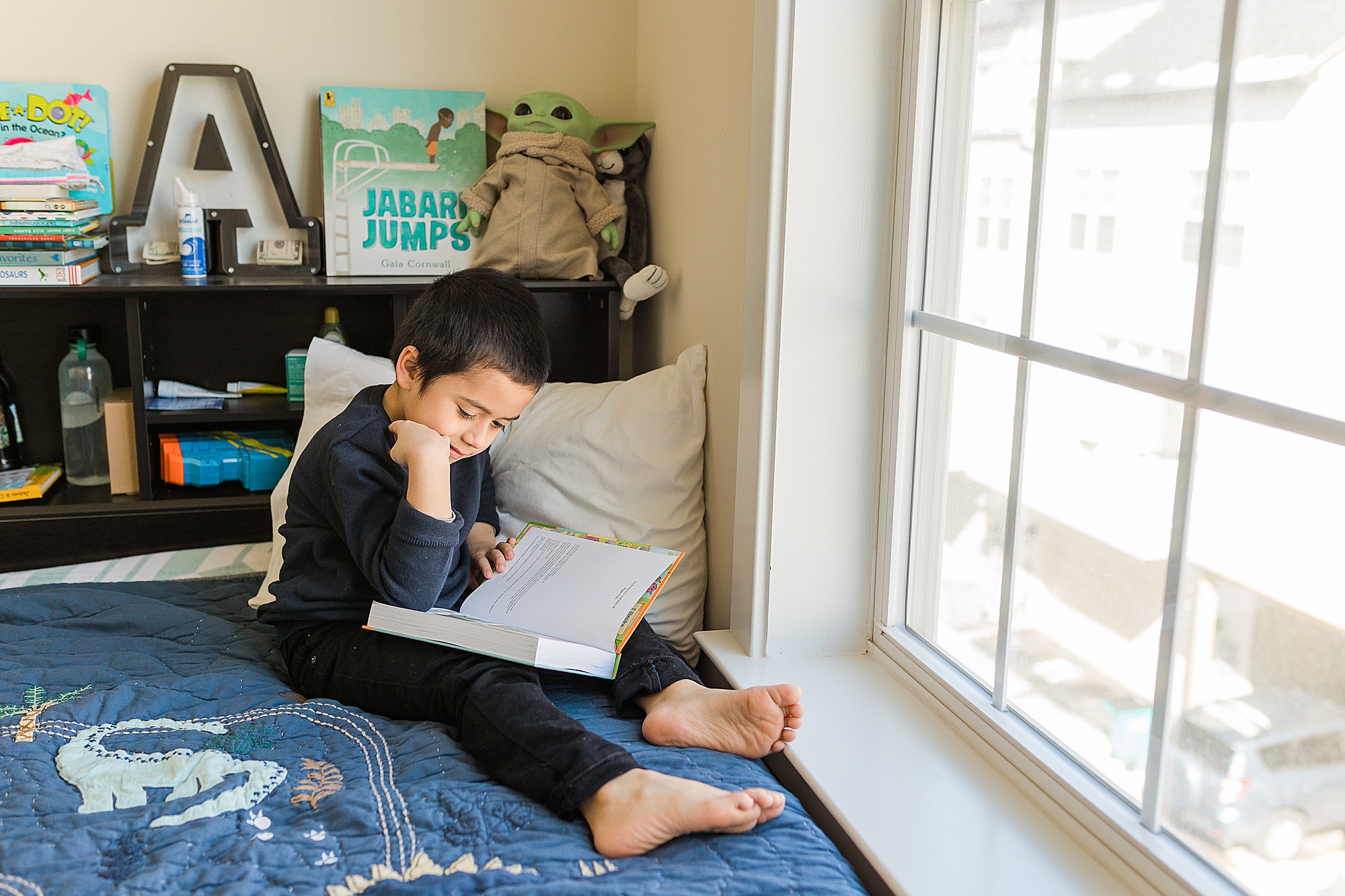 boy reads books by window at home