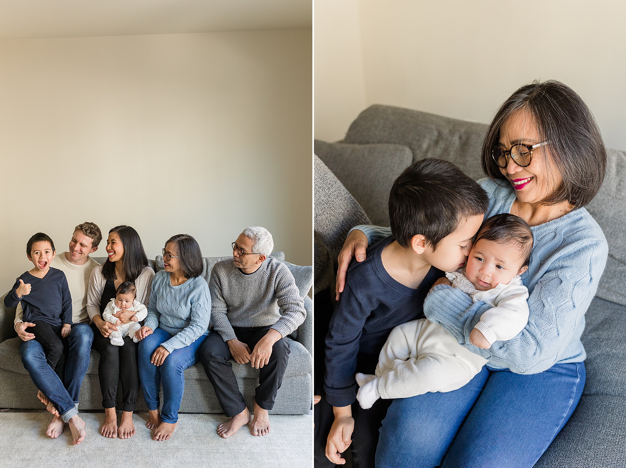 grandparents pose with family on couch during lifestyle photos