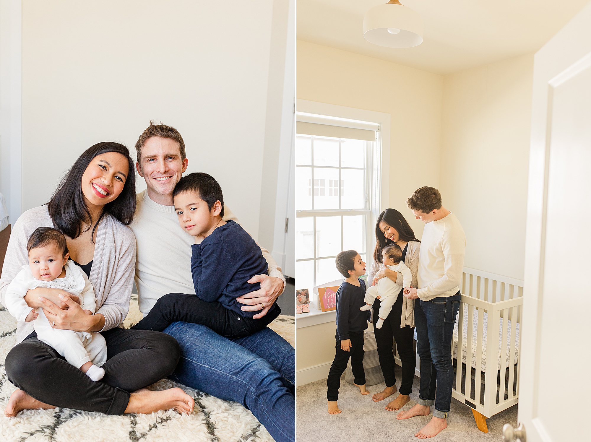 family of four poses in baby's nursery during Silver Spring lifestyle family session