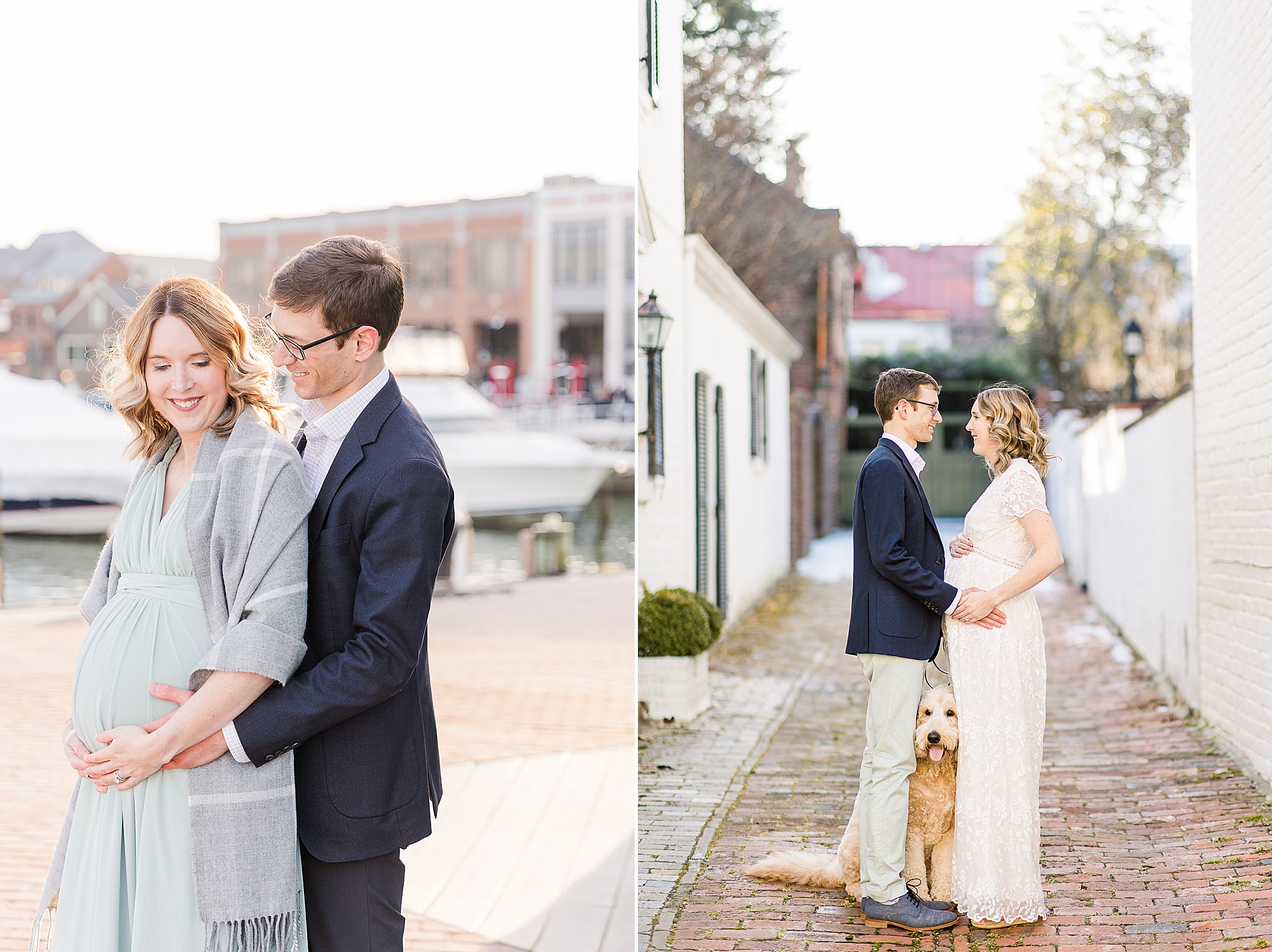couple poses along waterfront during Historic Alexandria VA maternity session
