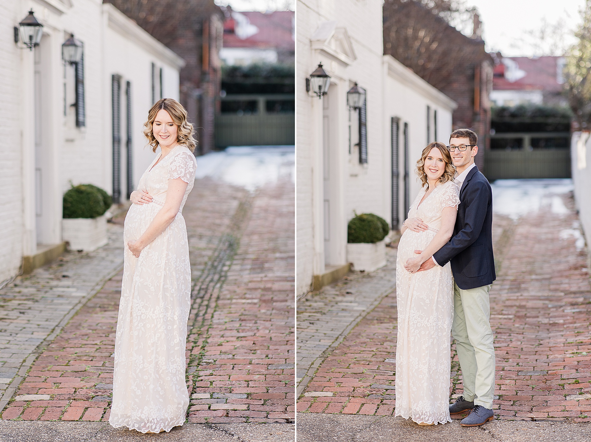 expecting parents pose in alley way during winter Historic Alexandria VA maternity session