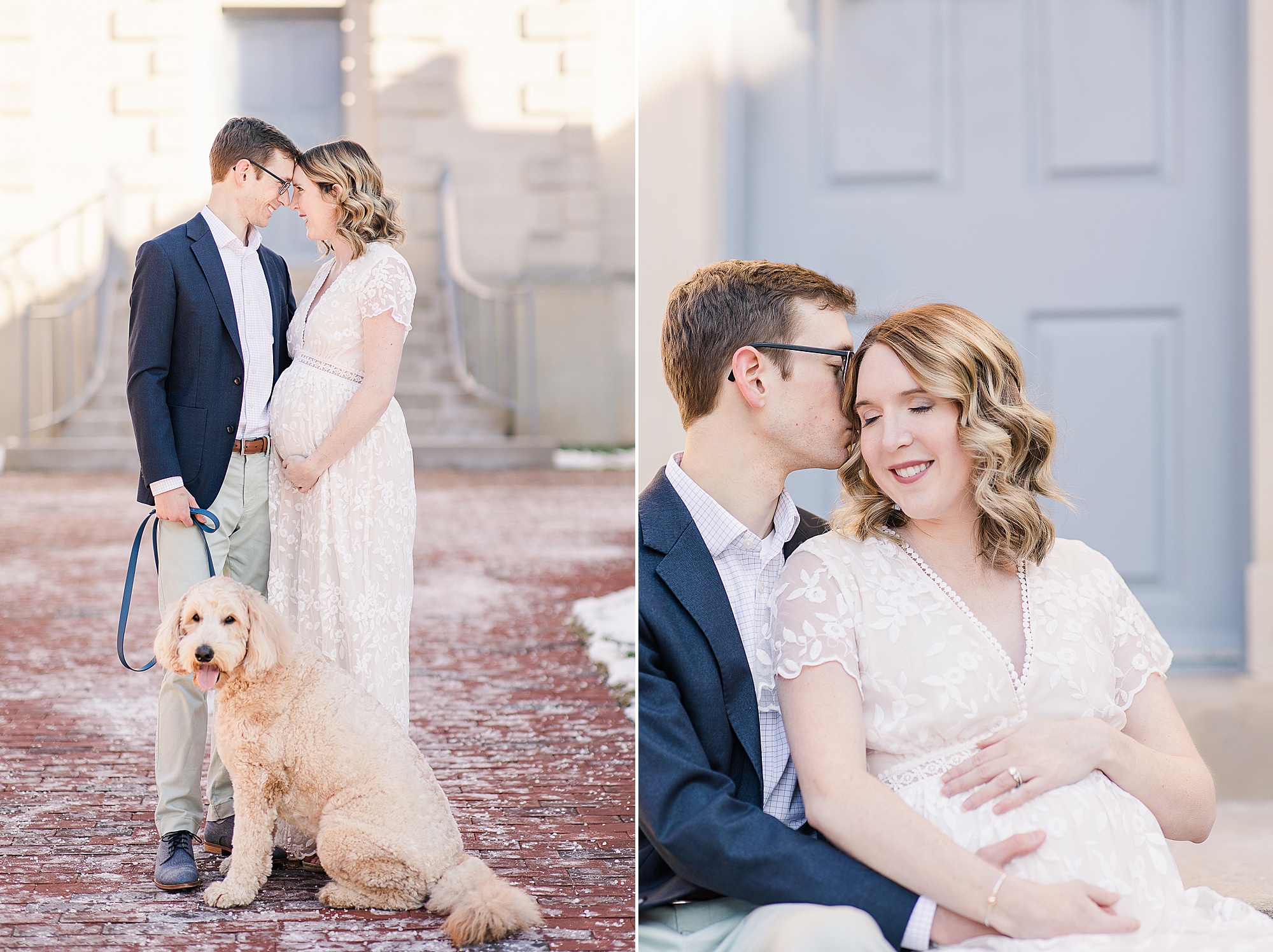 couple hugs with dog during Historic Alexandria VA maternity session