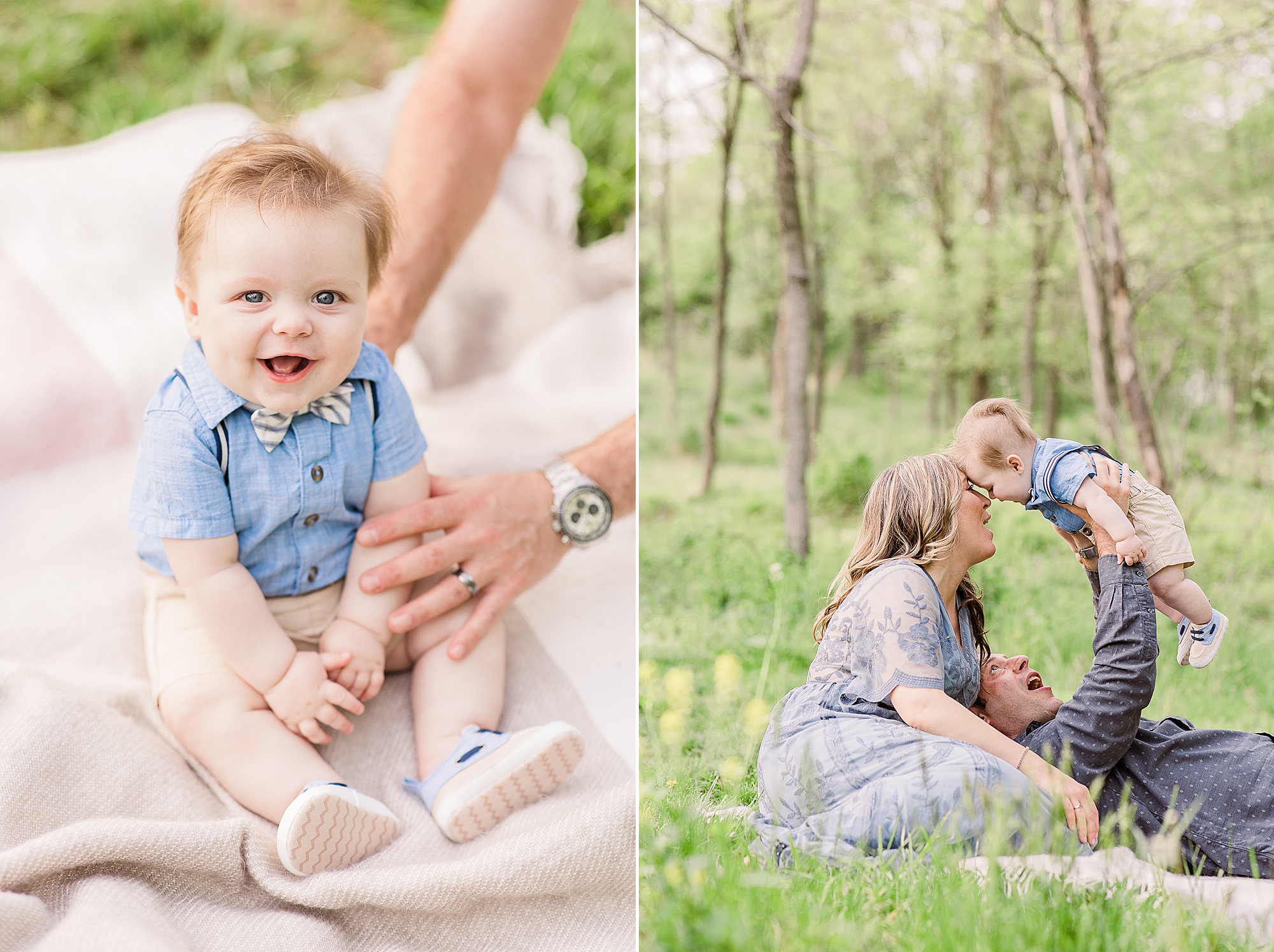 mom plays with son during 6 Month Milestone Portraits