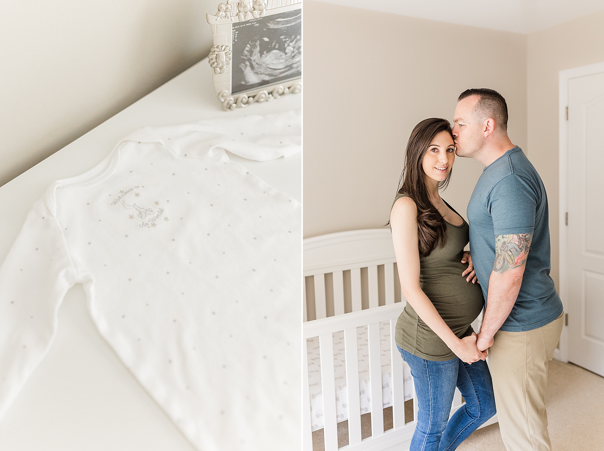 husband kisses wife's forehead by crib during at-home maternity session