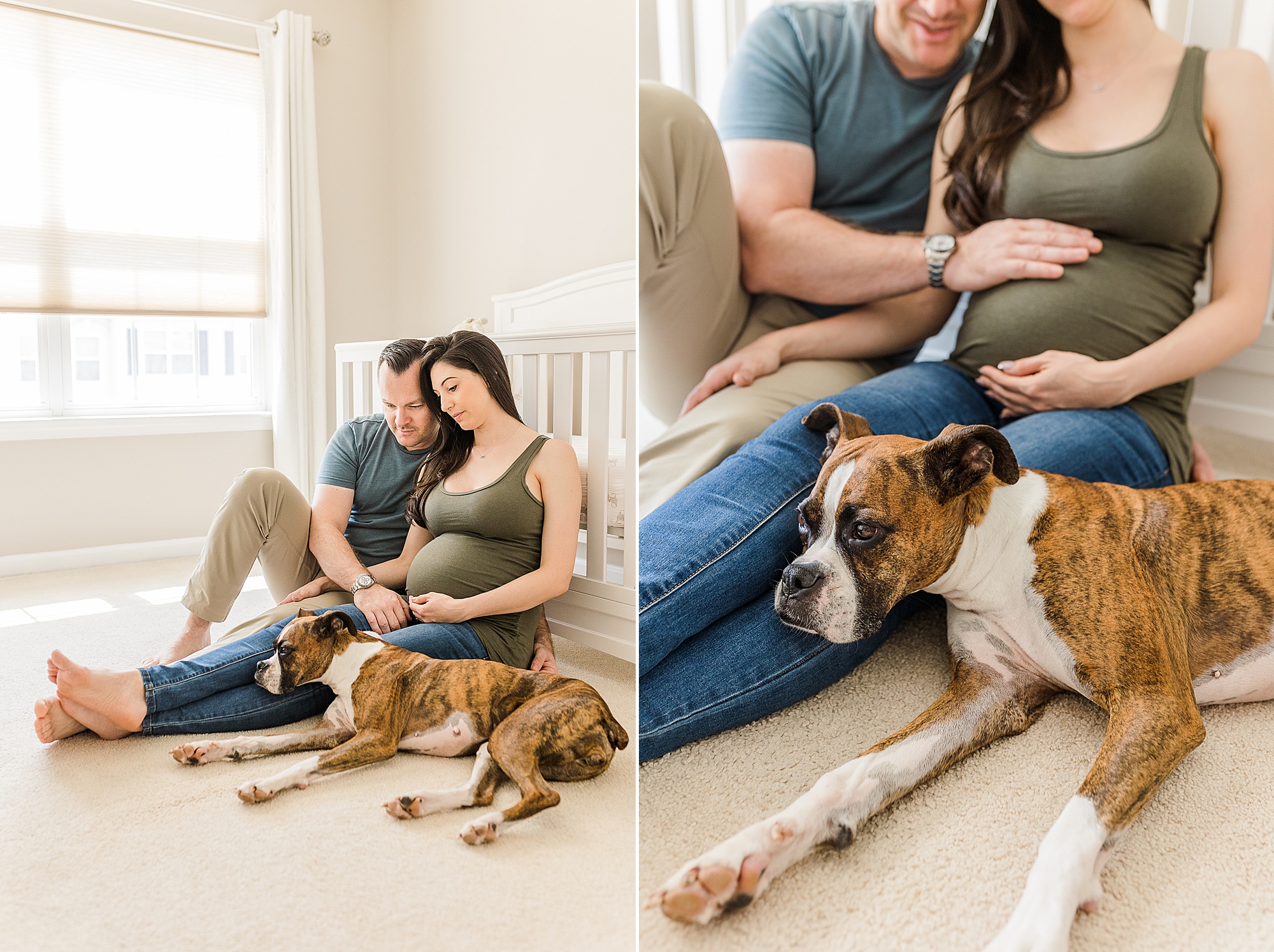 family sits by crib with dog during lifestyle maternity session in Maryland