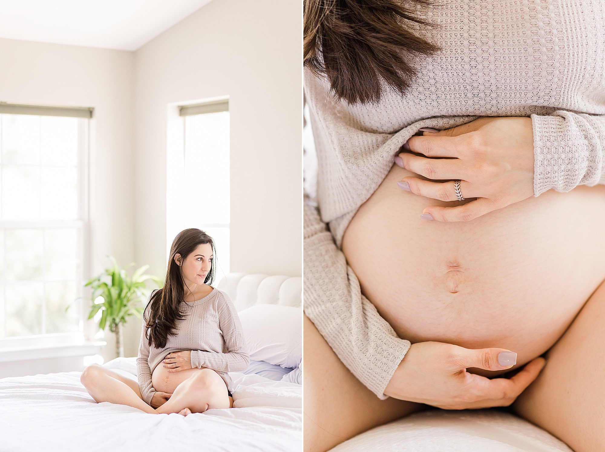 woman sits on bed during at-home maternity session