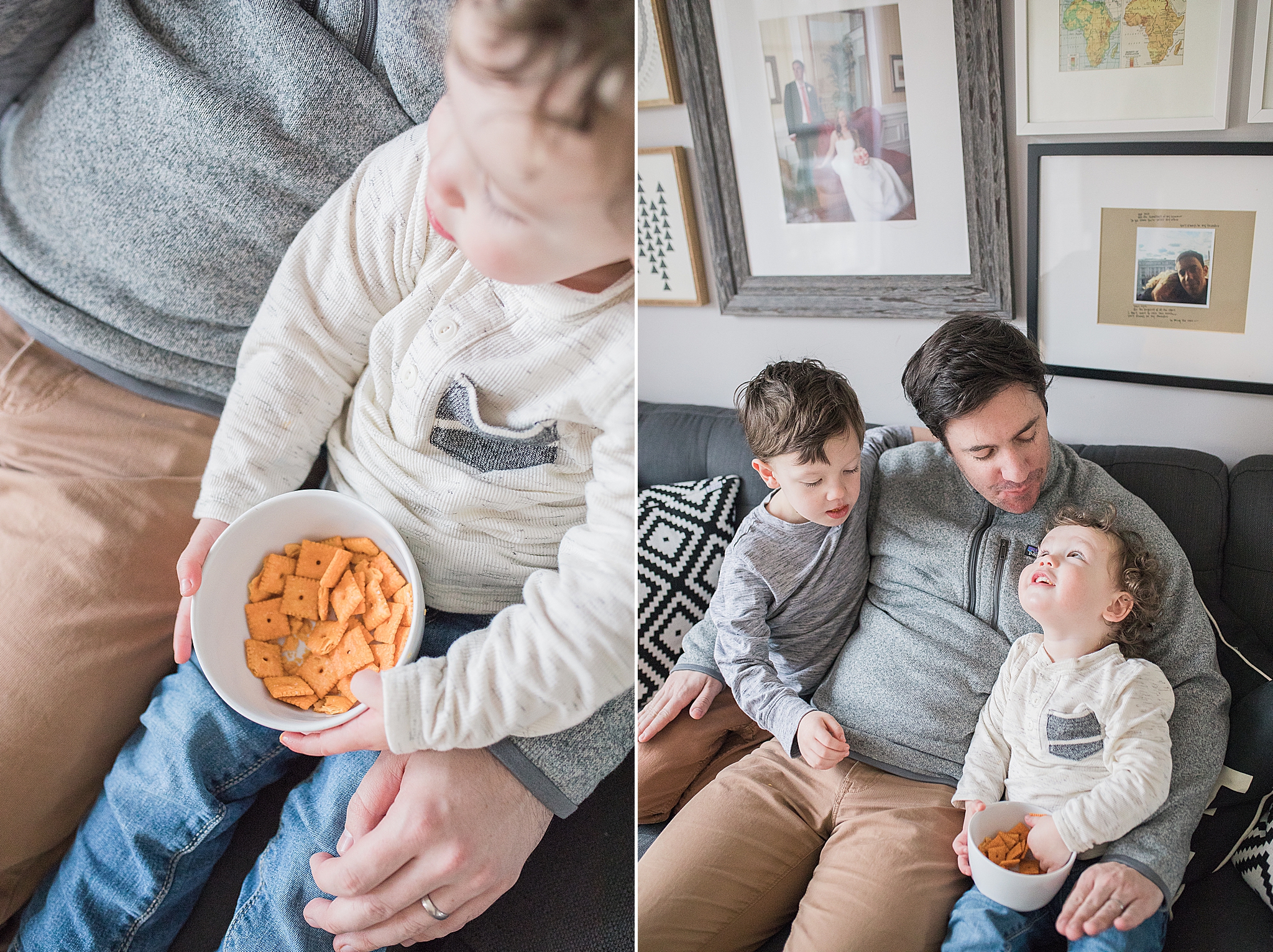 dad plays with son while he eats during family photos