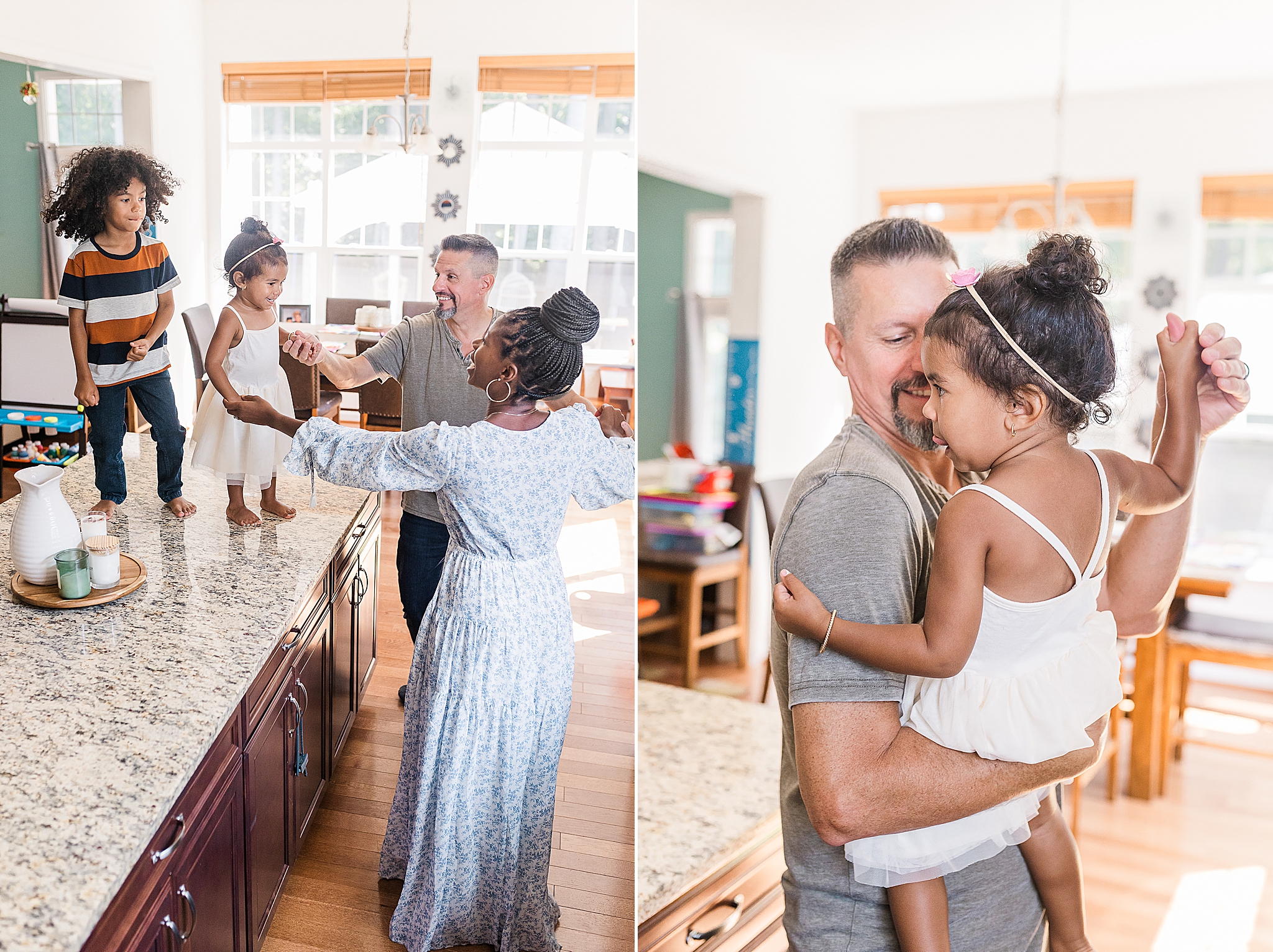 family has dance party during lifestyle family session in Maryland