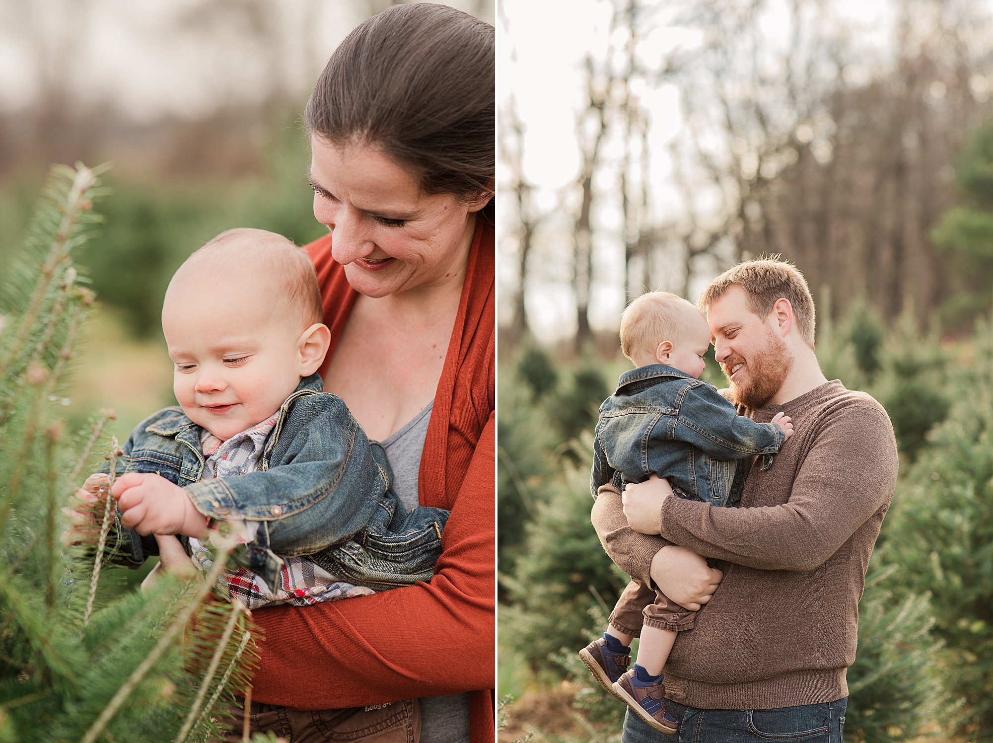 parents hold toddler during Greenway Tree Farm lifestyle family photos
