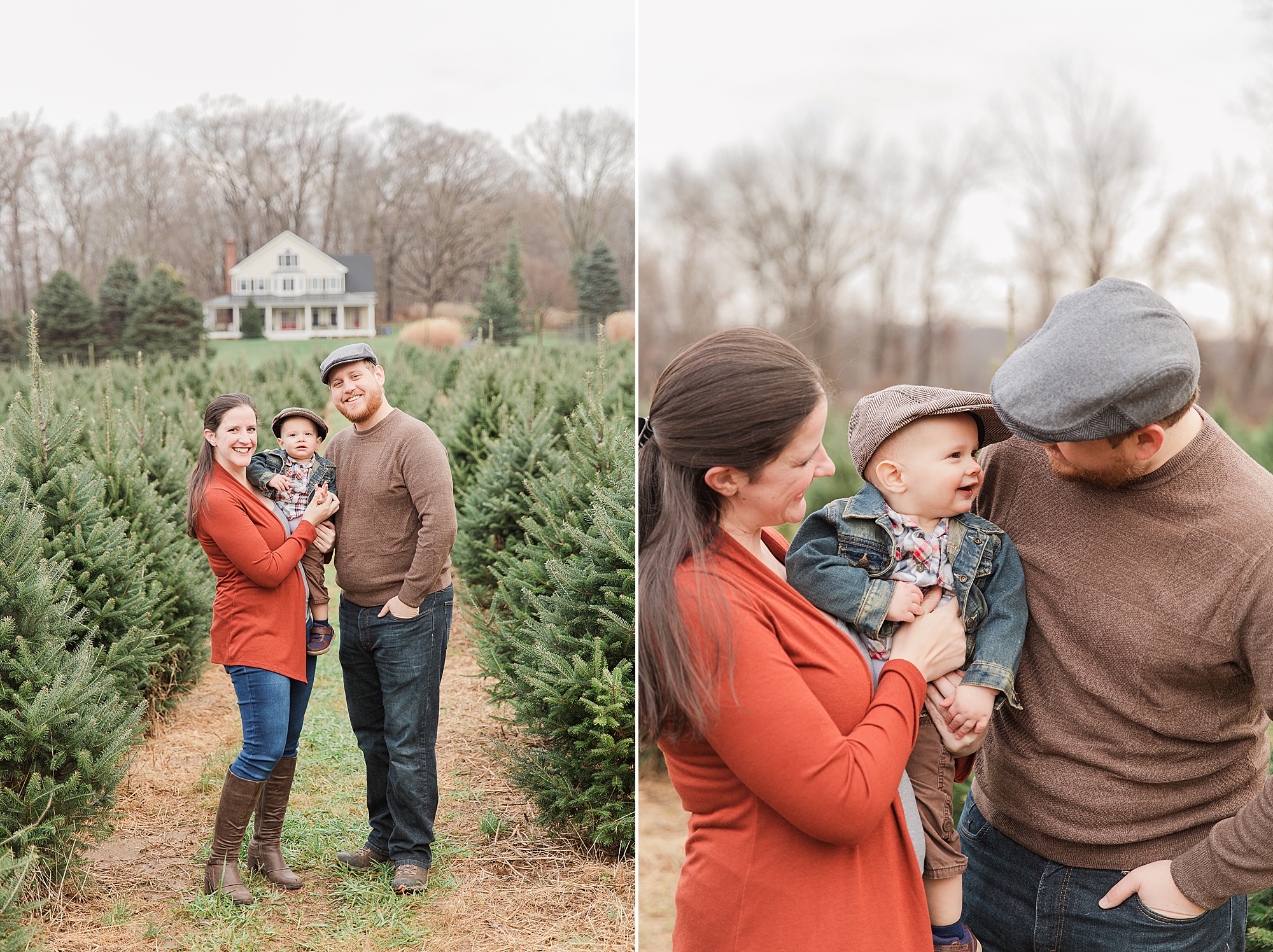 family of three poses in rows of Christmas trees during Greenway Tree Farm lifestyle family portraits