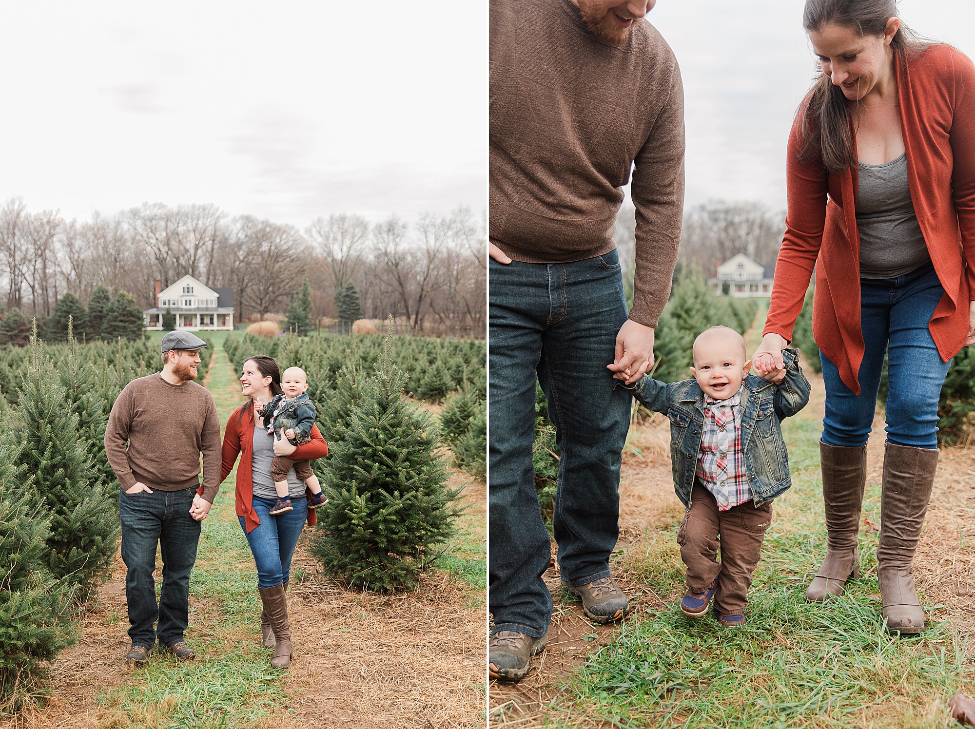 family walks with baby during Greenway Tree Farm lifestyle family portraits