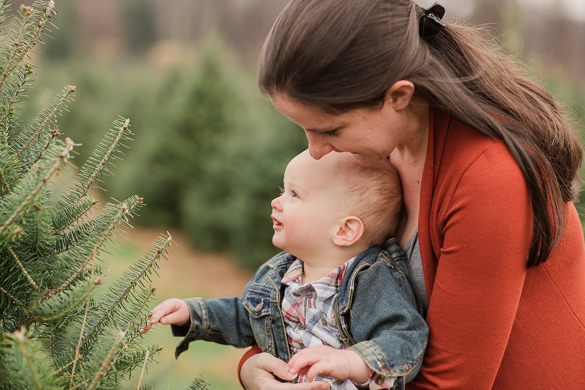 mom and son play with Christmas trees during lifestyle family portraits