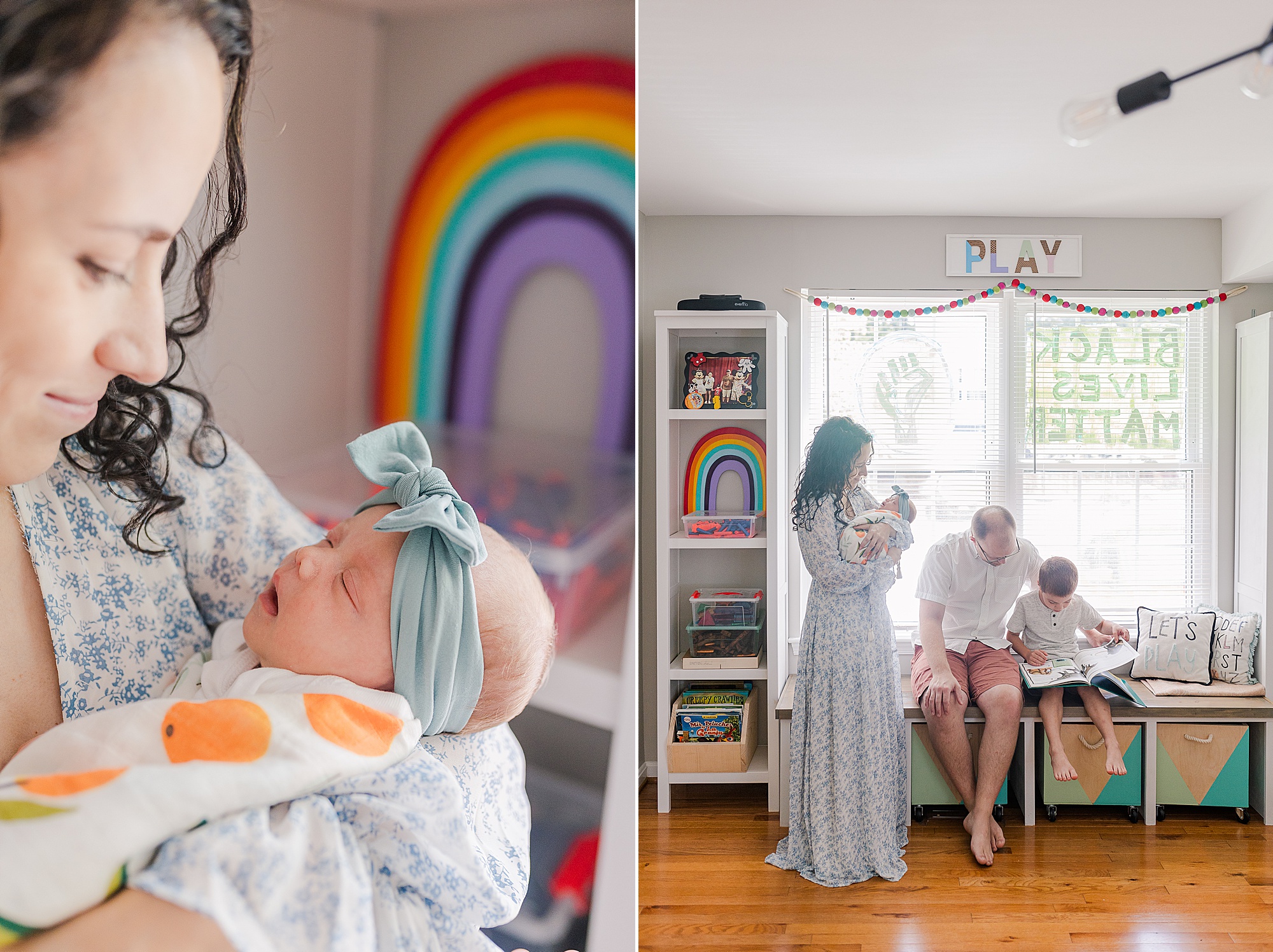 family plays in playroom during photos at home