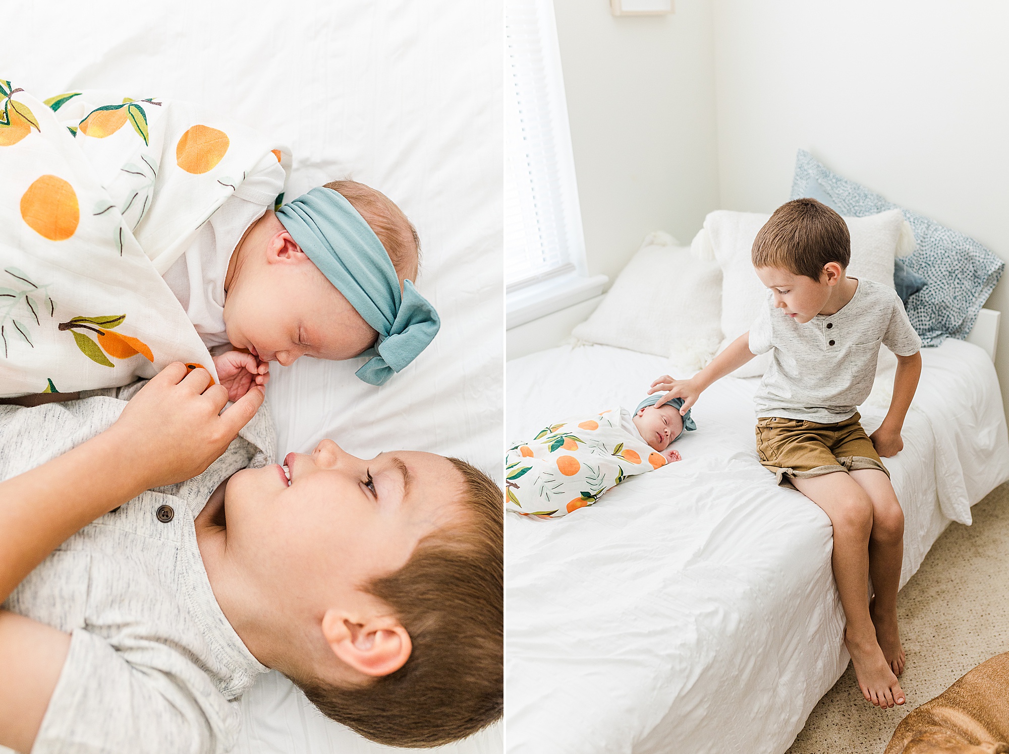 big brother plays with little sister during newborn photos at home 