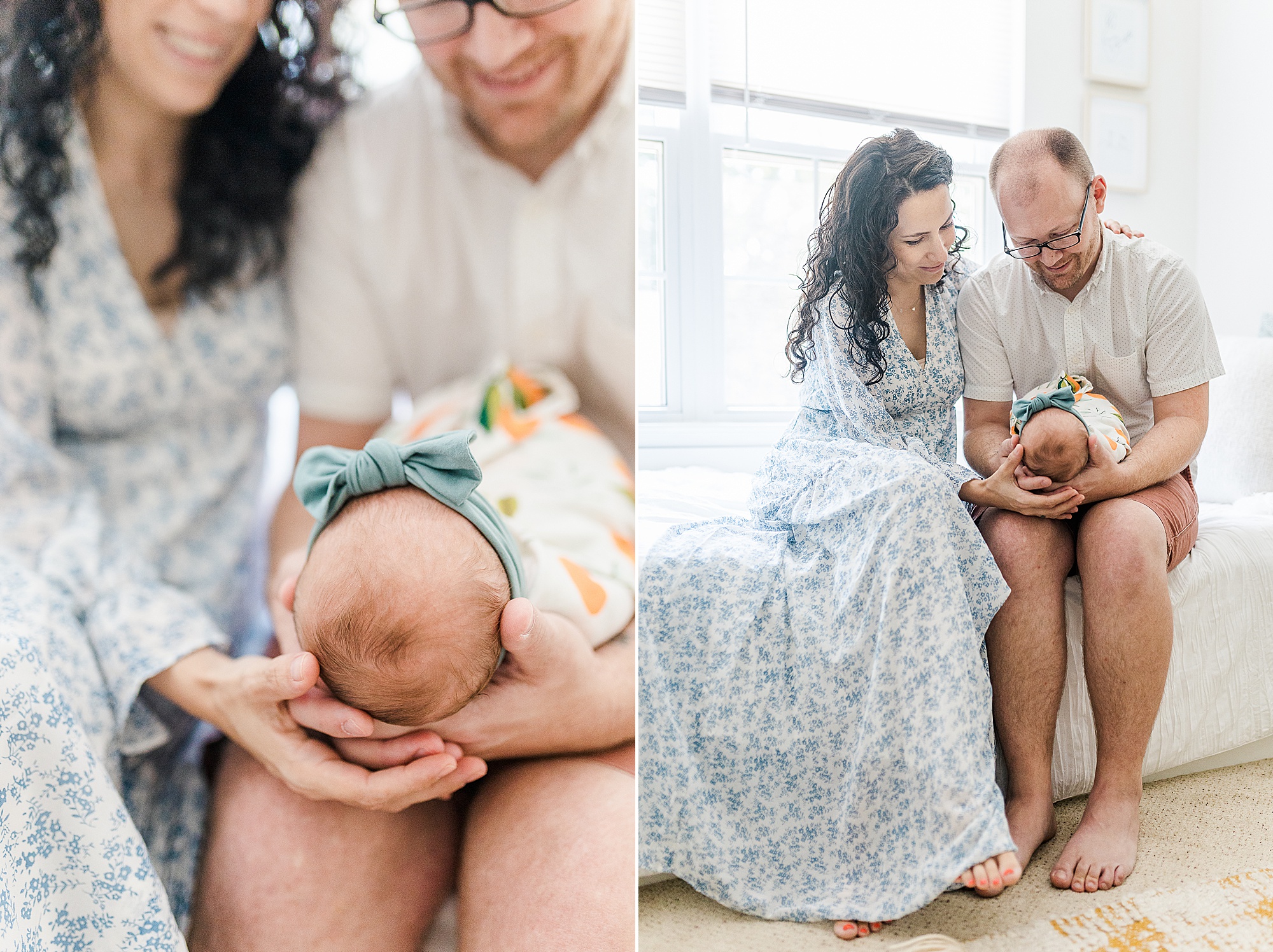 parents look at baby girl during Lifestyle Newborn Session in Annapolis
