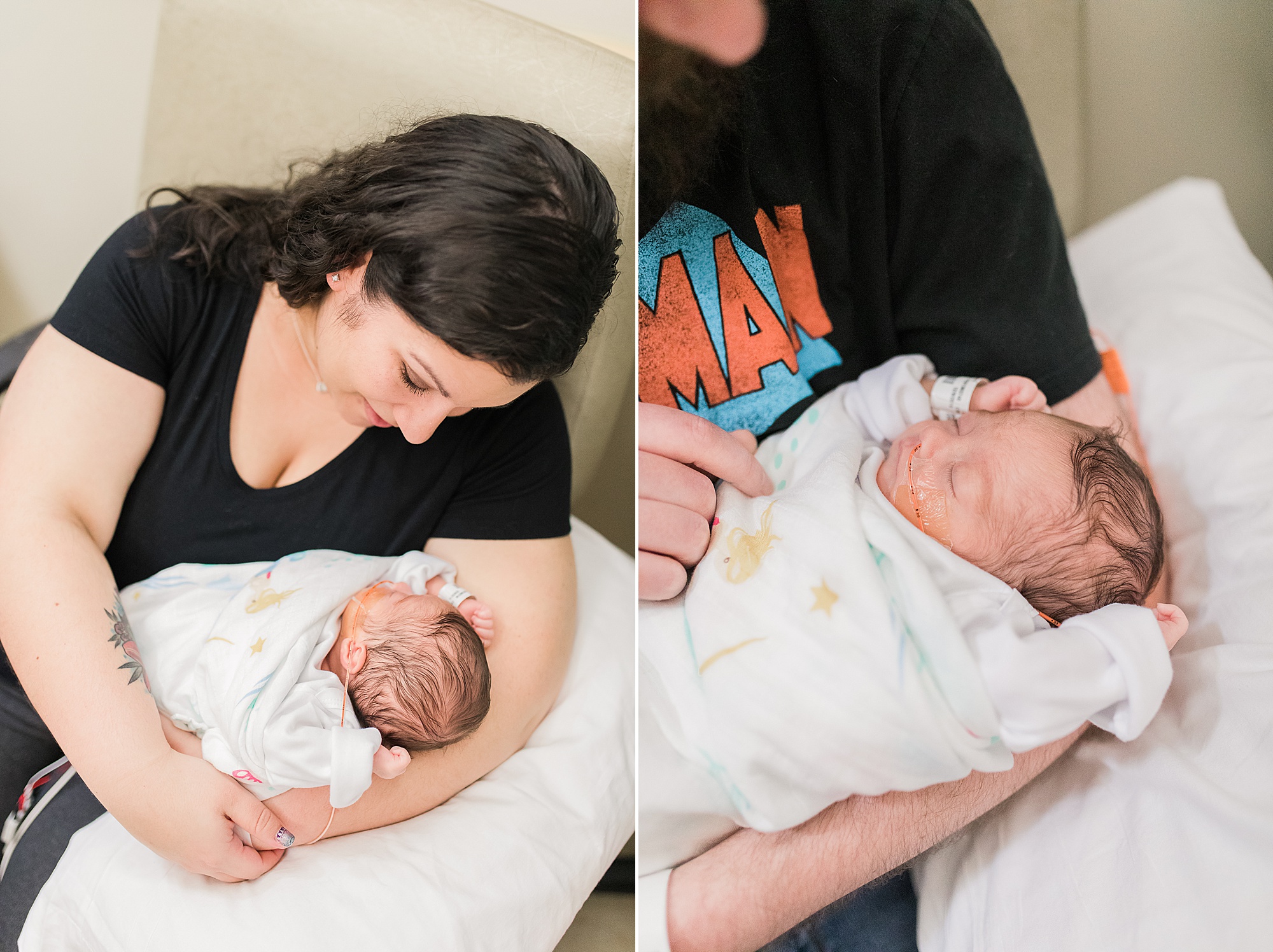 mom and dad hold daughter during newborn photos