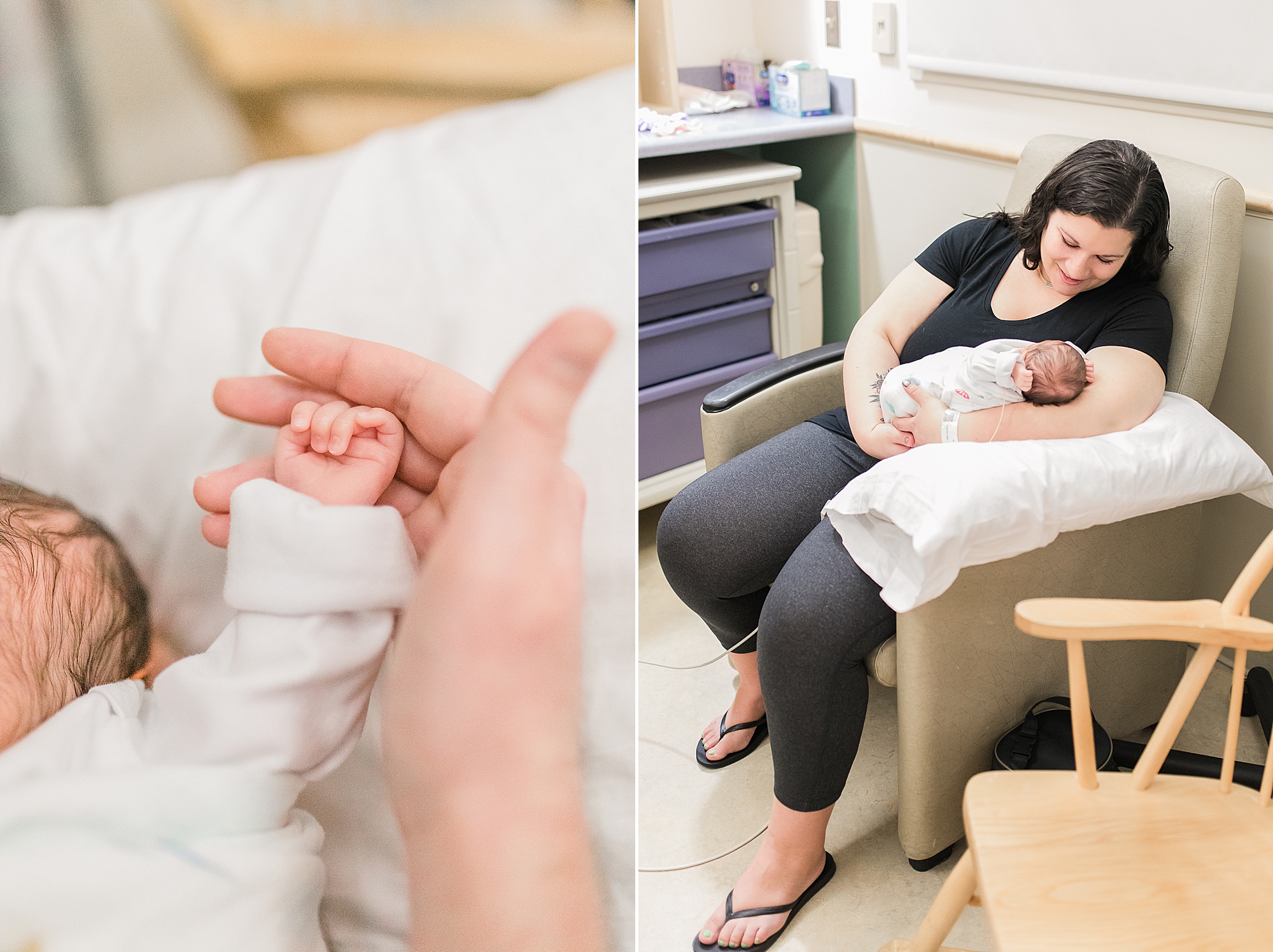 mom and daughter sit together in chair during hospital newborn photos