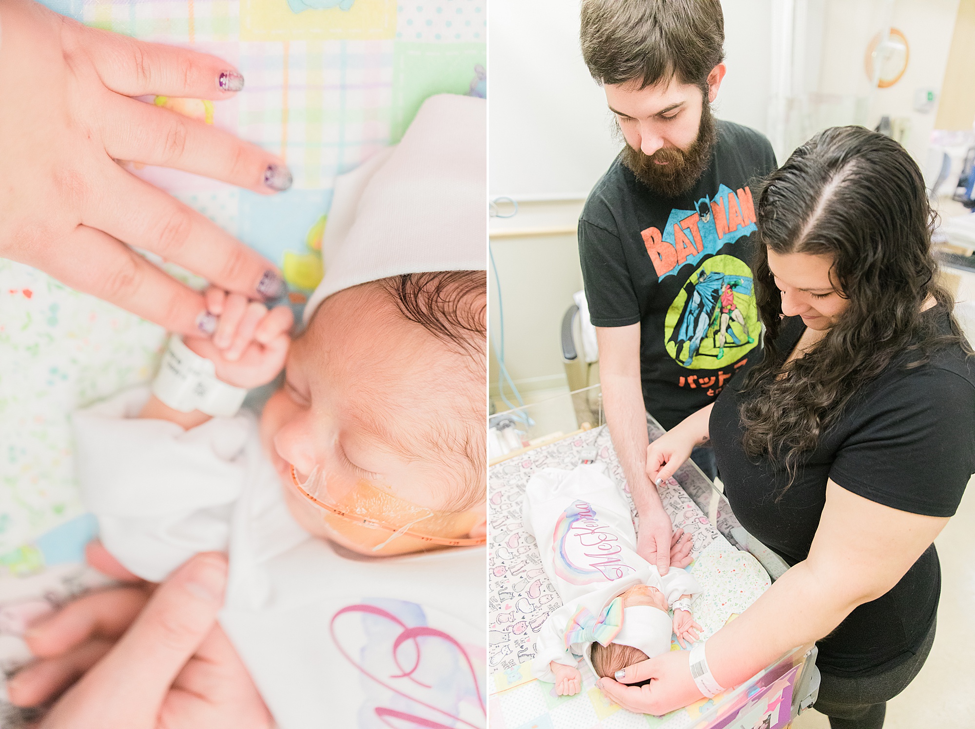 new parents look down at baby girl during portraits in hospital