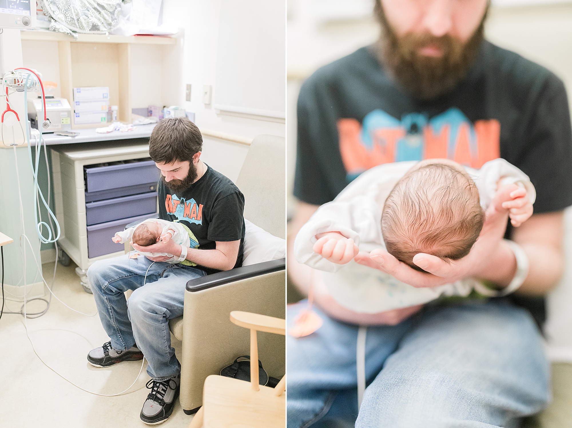 dad holds baby girl during newborn portraits