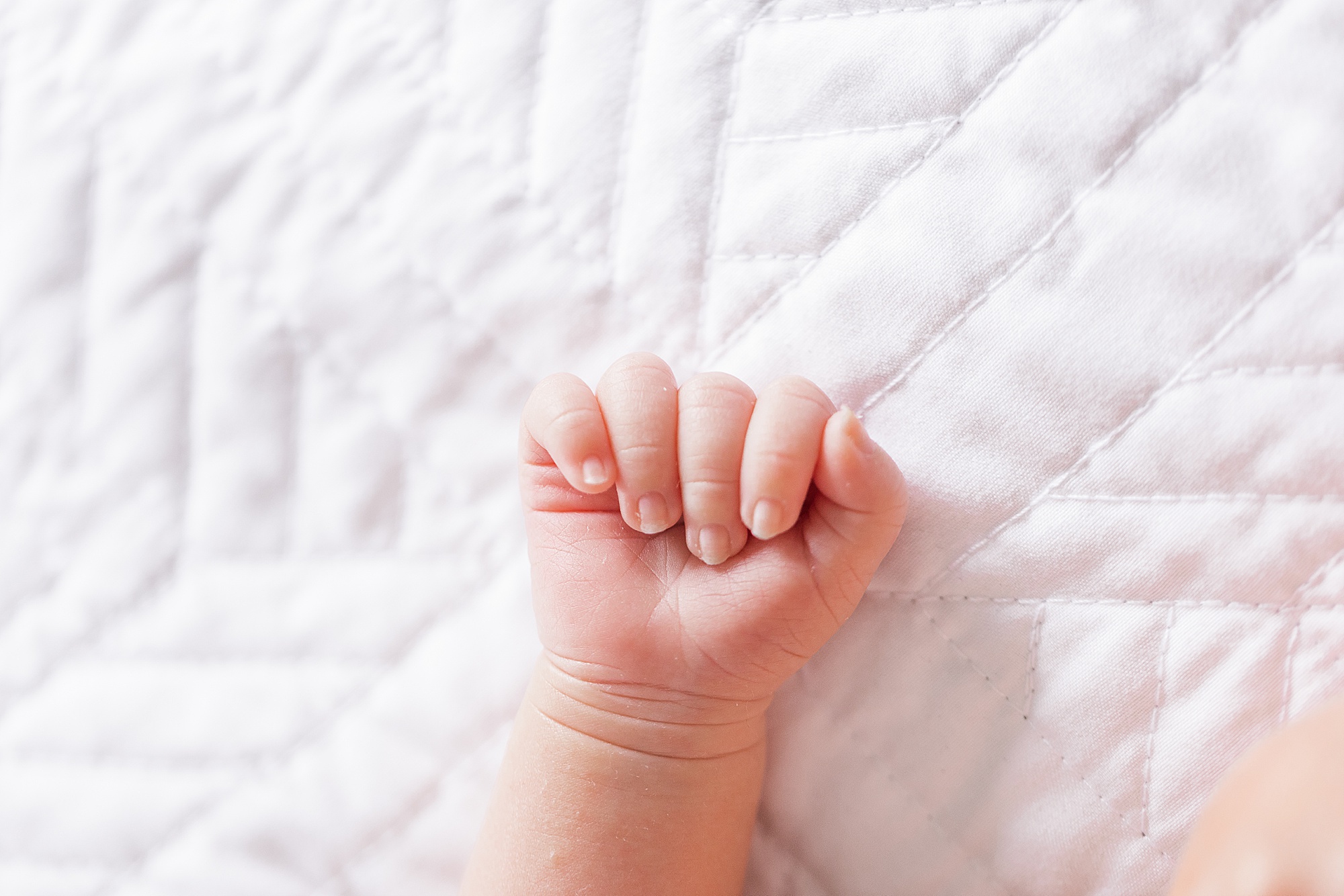 baby's tiny fist lays on white sheet
