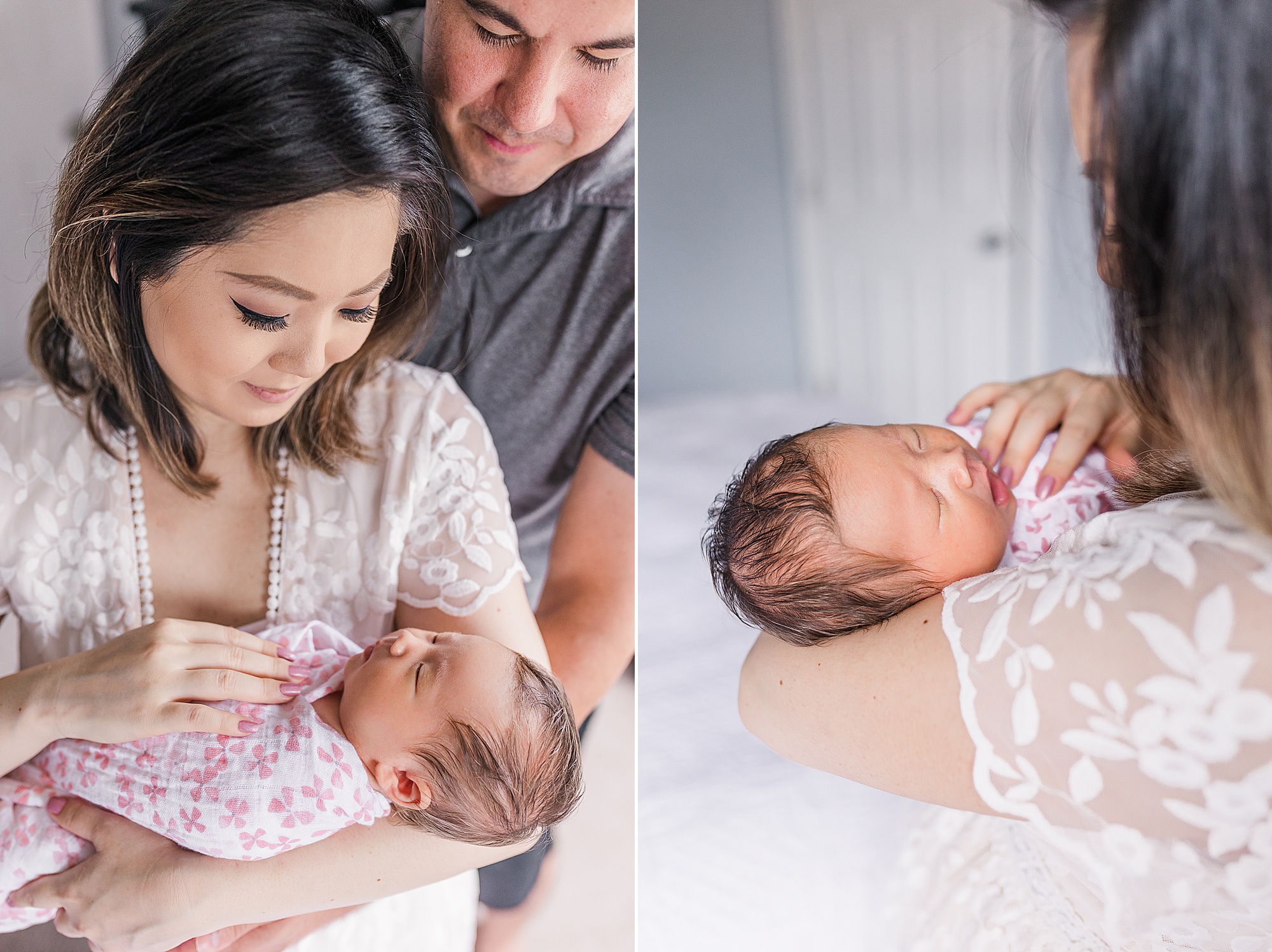 couple snuggles baby girl during lifestyle newborn portraits