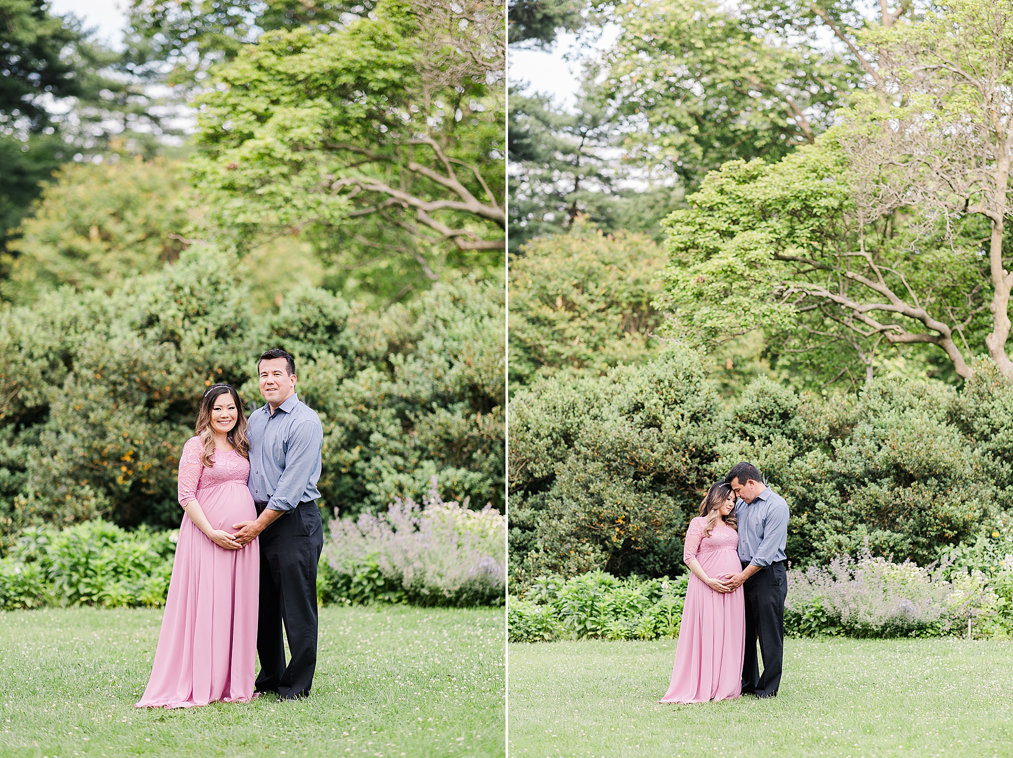 husband and wife pose in gardens during VA maternity session 