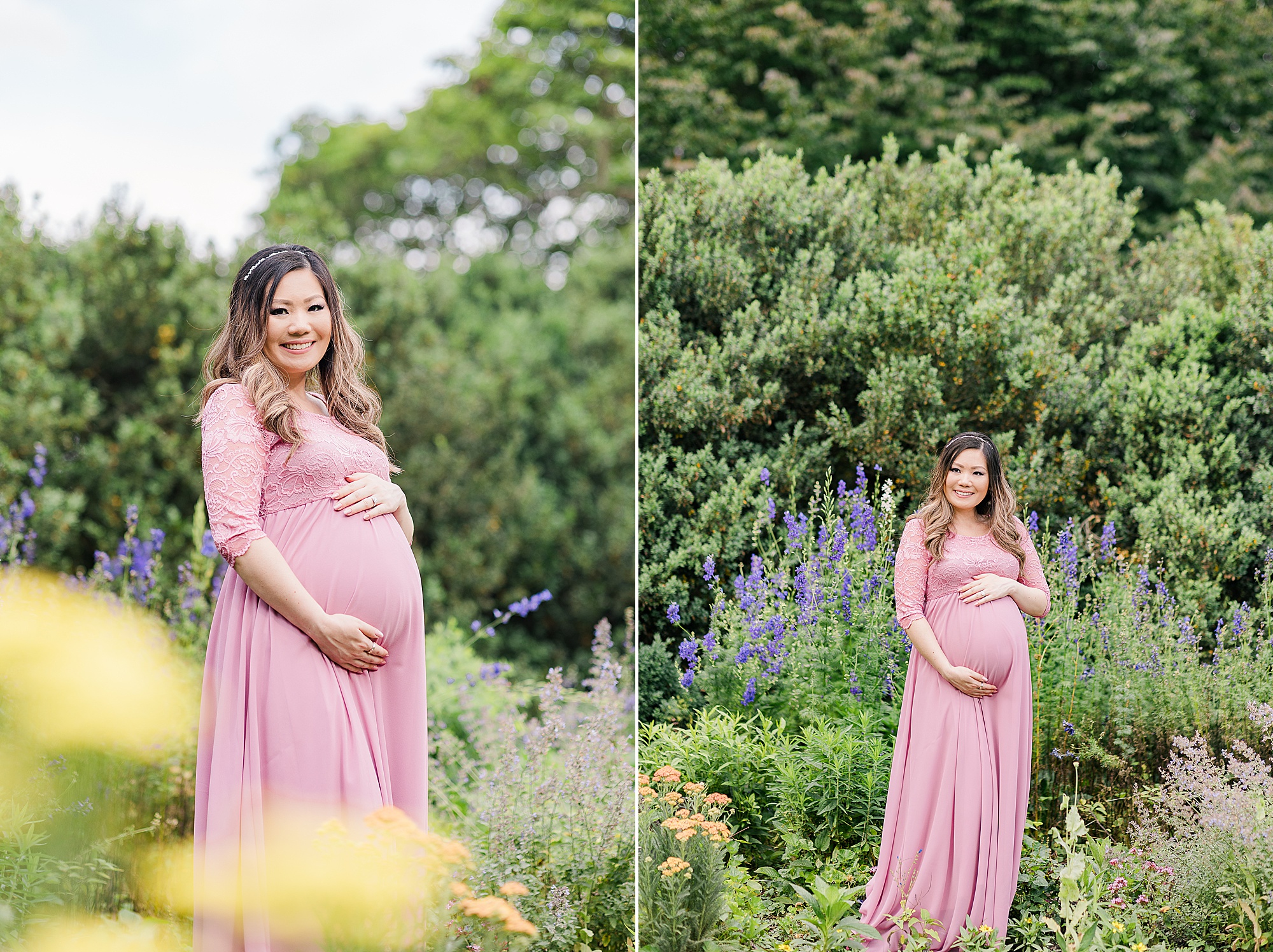 expecting mom stands in gardens during Alexandria VA maternity session