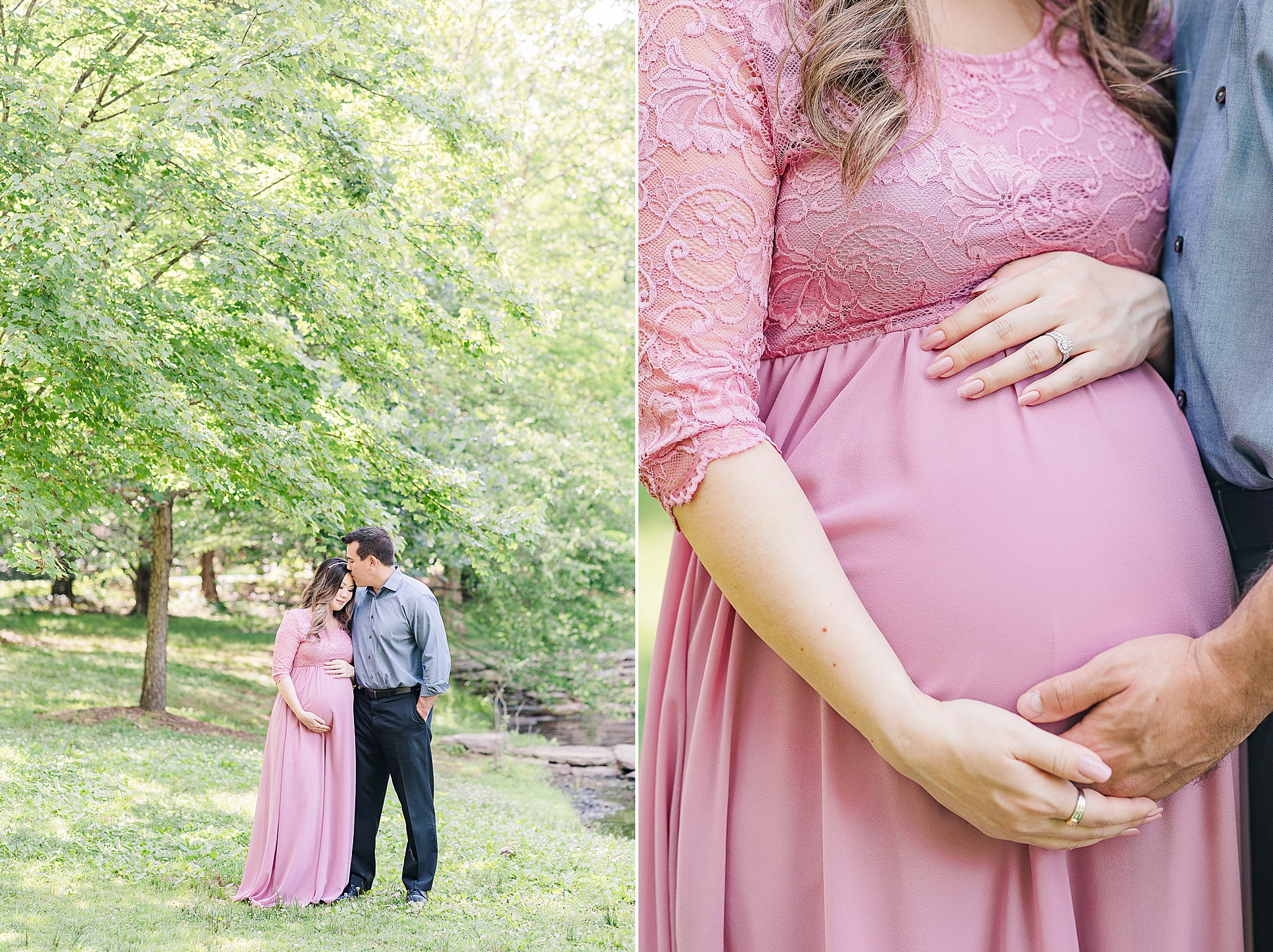 woman holds pregnant belly during maternity session at Green Spring Gardens