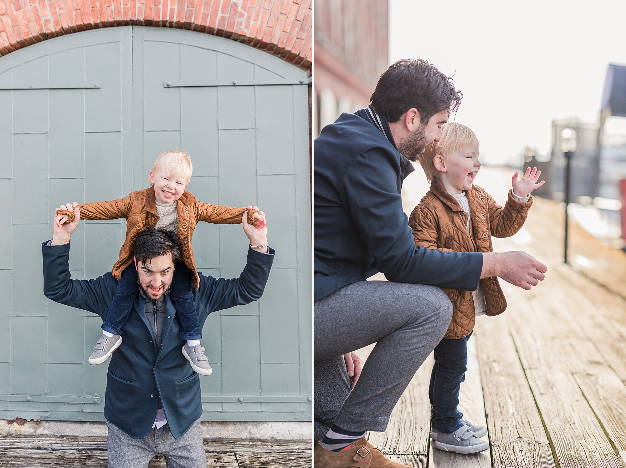 dad and toddler play during family photos along wharf in Fells Point