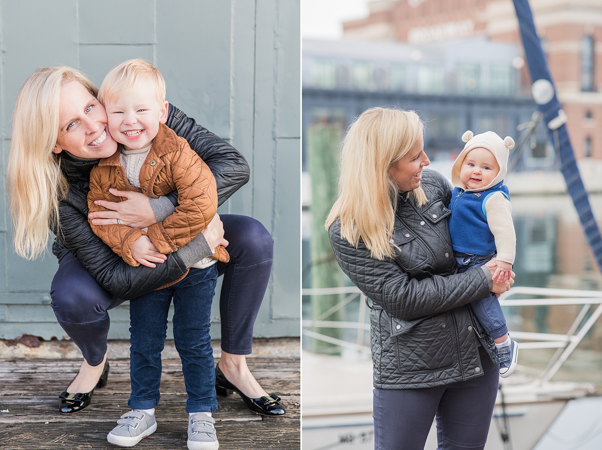 mom plays with kids during winter family photos in Baltimore
