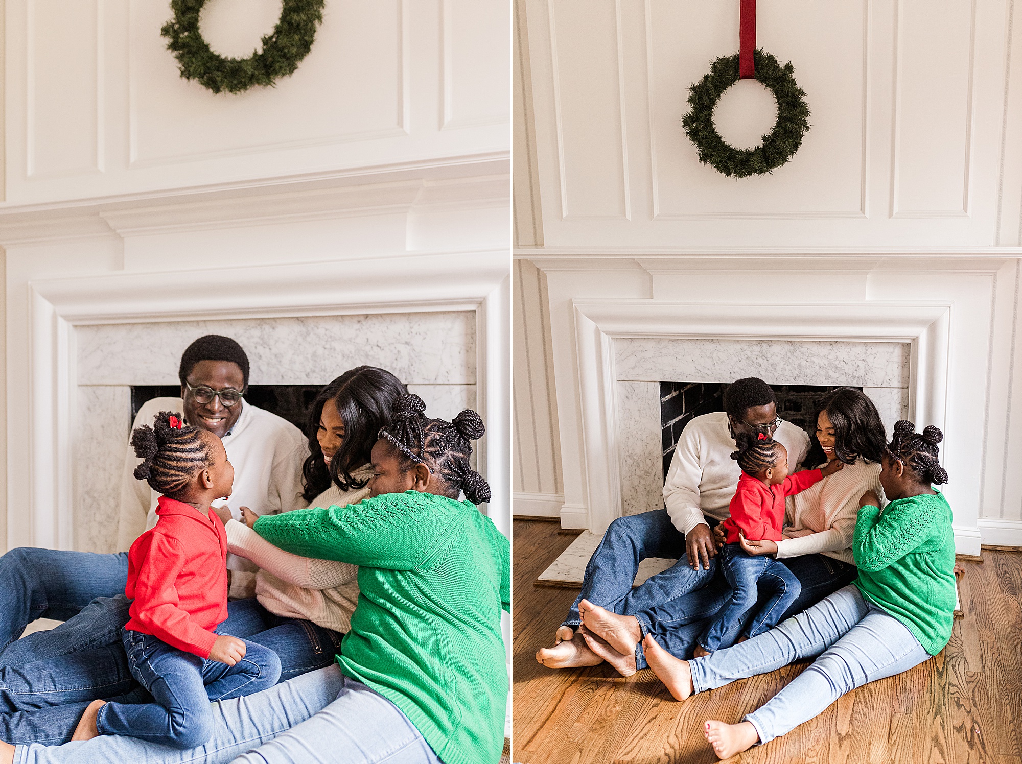 Howard County In-Home Holiday Family Session for family by fireplace 