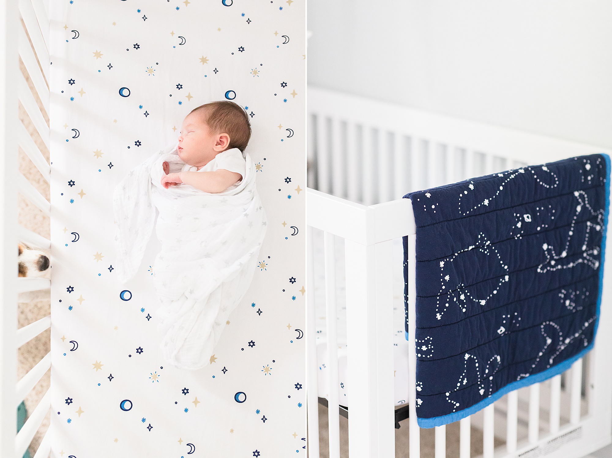 baby lays on space themed sheets in nursery 