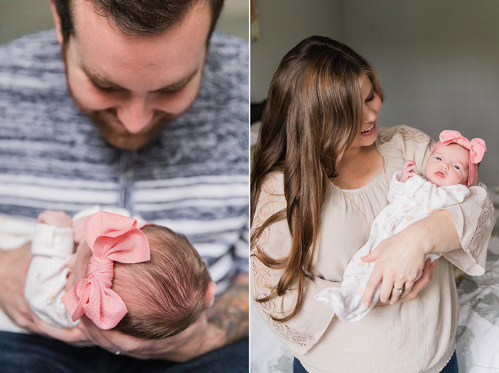 new parents hold baby girl in big pink bow