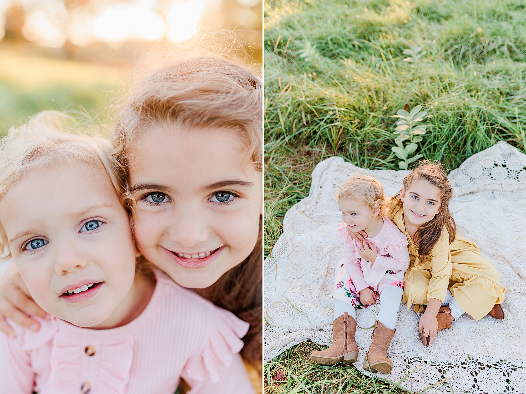 sisters play on blanket during fall family photos at Howard County Conservancy