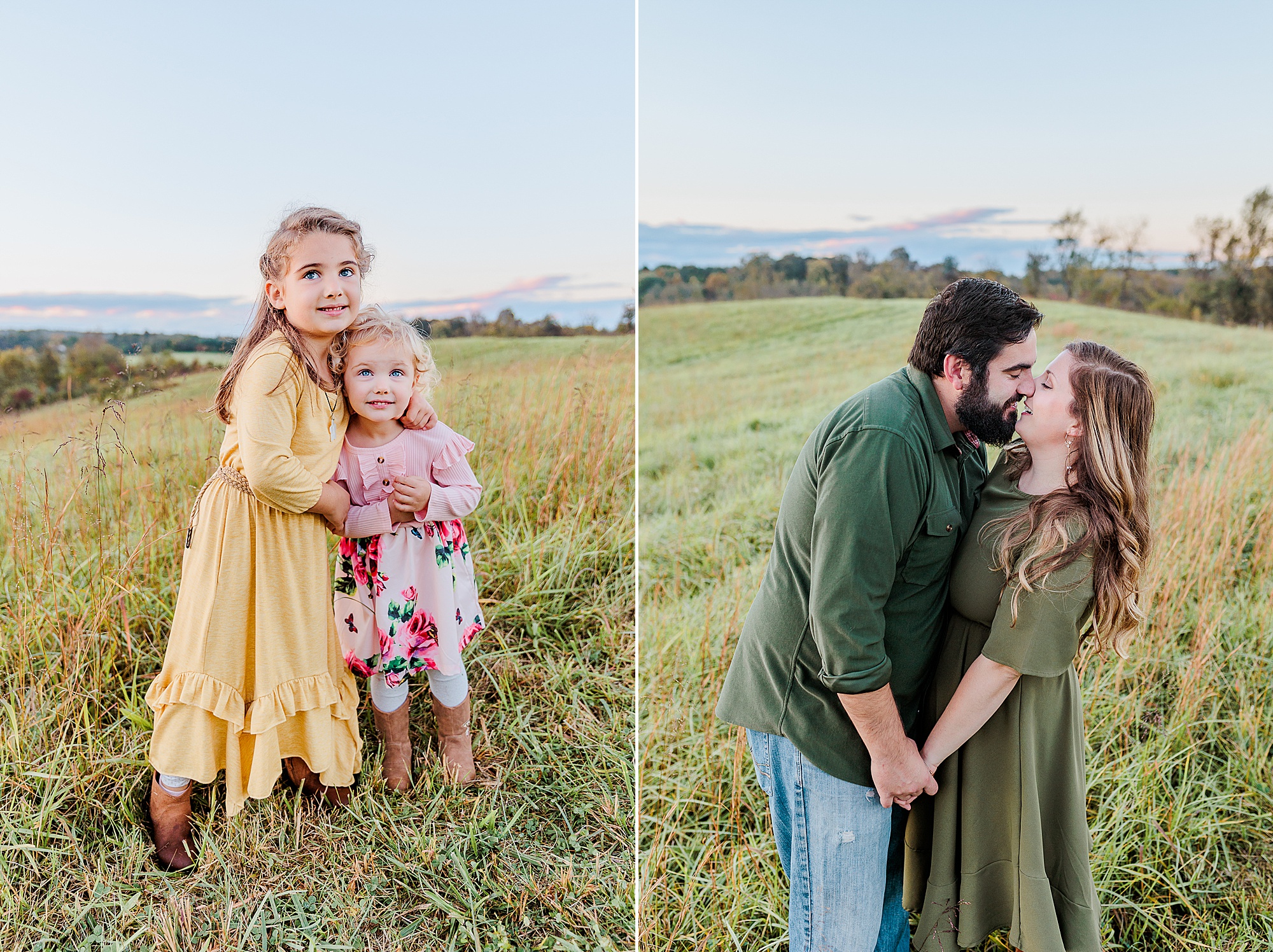 girls hug in field during fall family photos at Howard County Conservancy