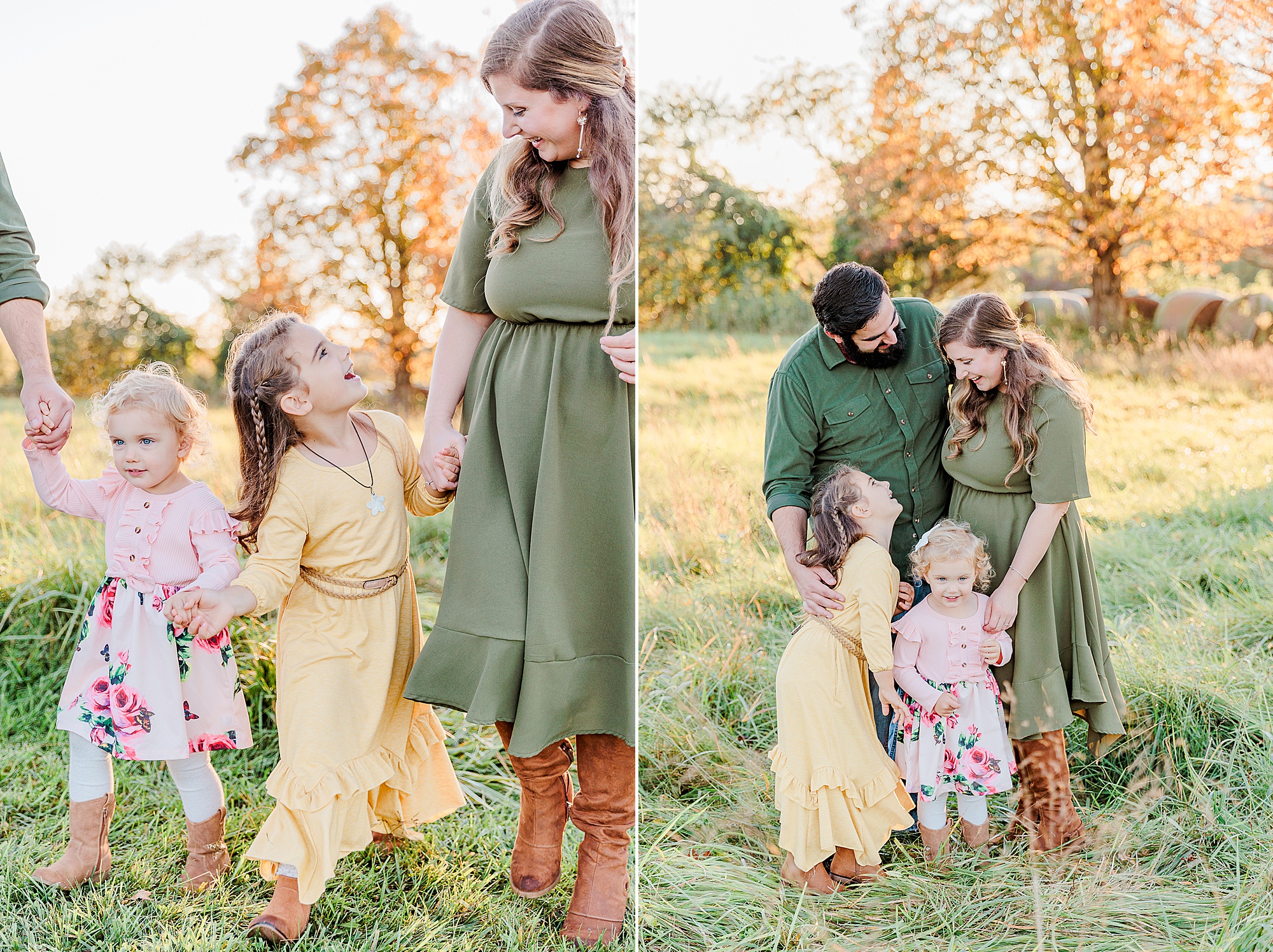 parents pose with little girls in pink and yellow dresses during fall family photos