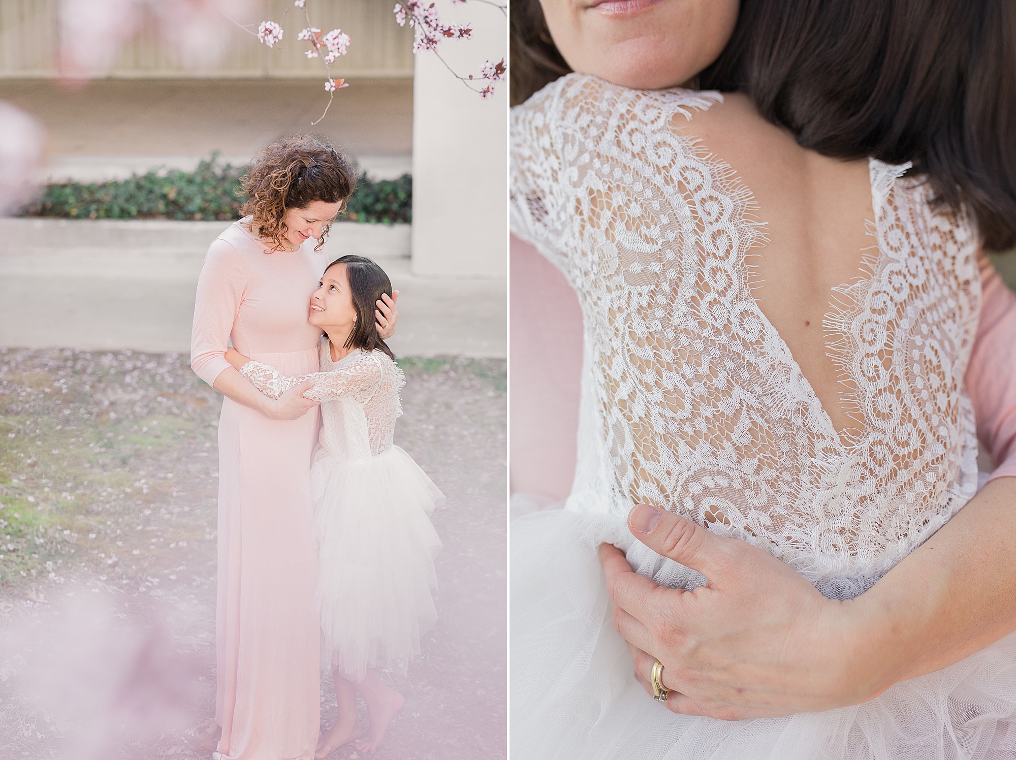 mom hugs daughter during DMV cherry blossom portraits 