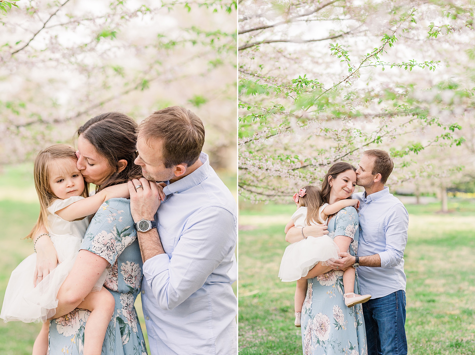 couple hugs daughter during spring family photos with MD family photographer