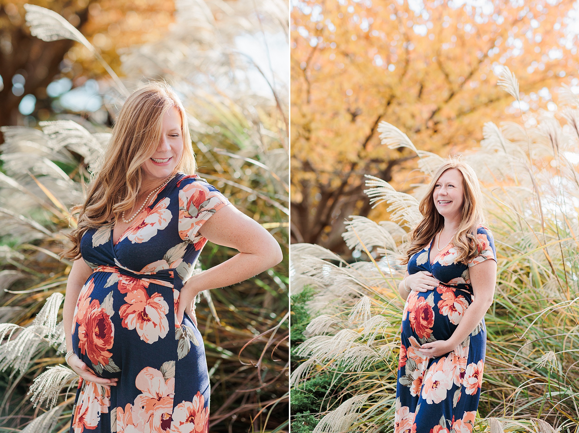 fall maternity portraits in Ellicott City for woman in navy blue floral gown