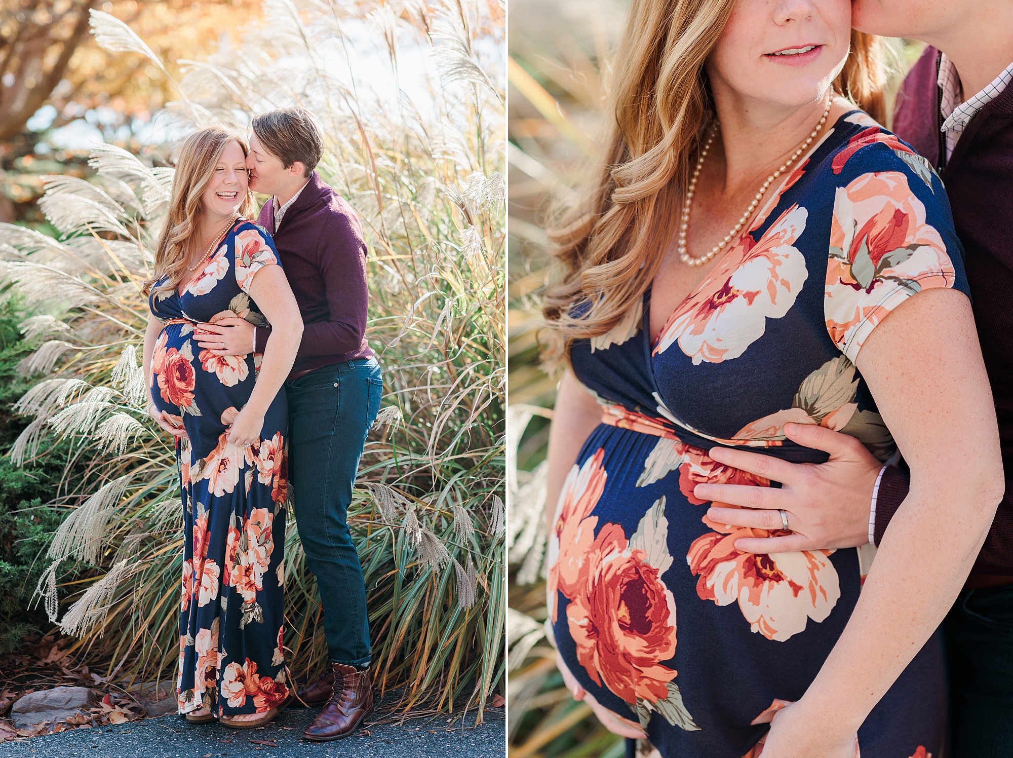 two women hug during maternity session in tall grass