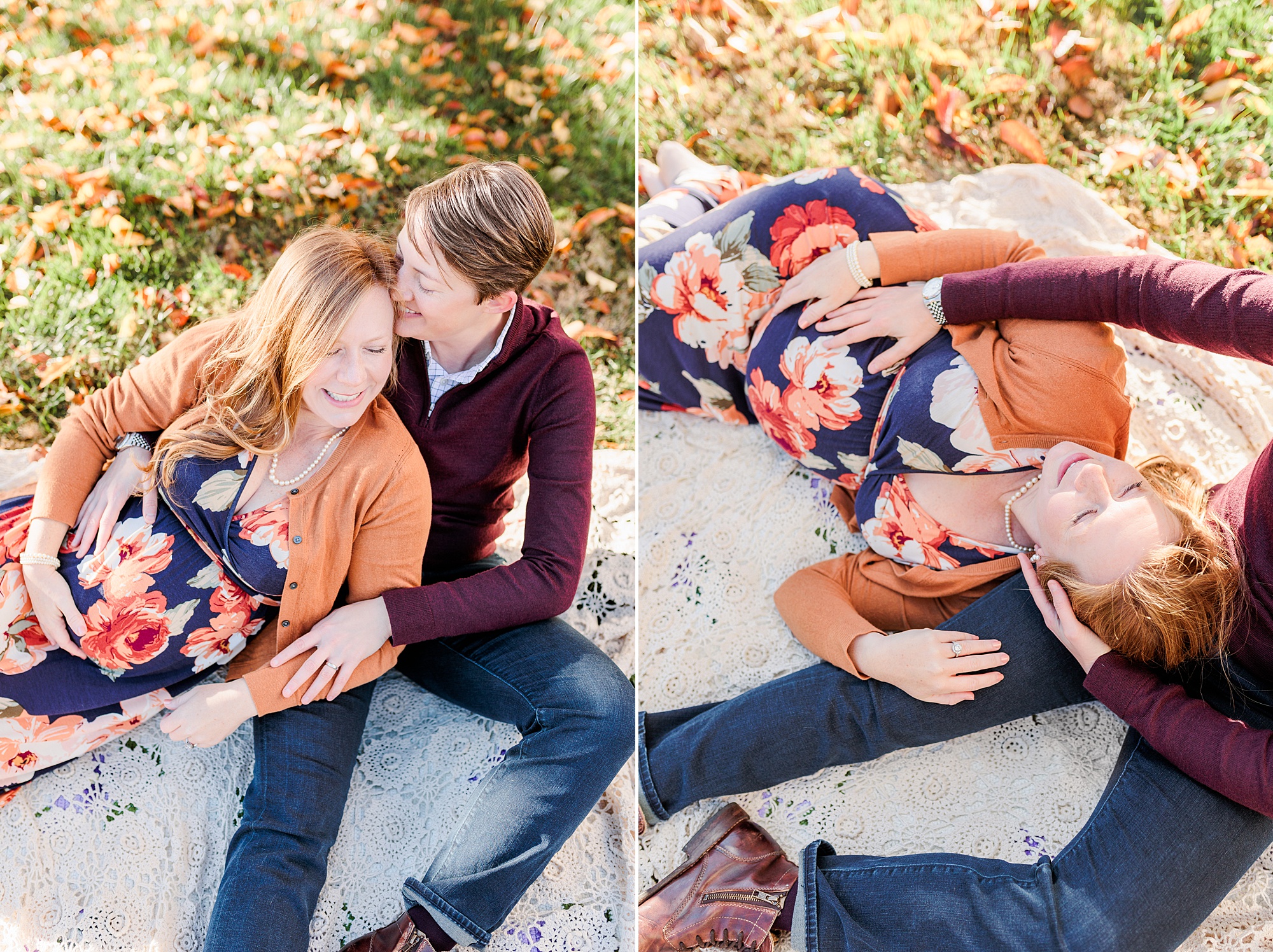 women sit on blanket during fall maternity photos