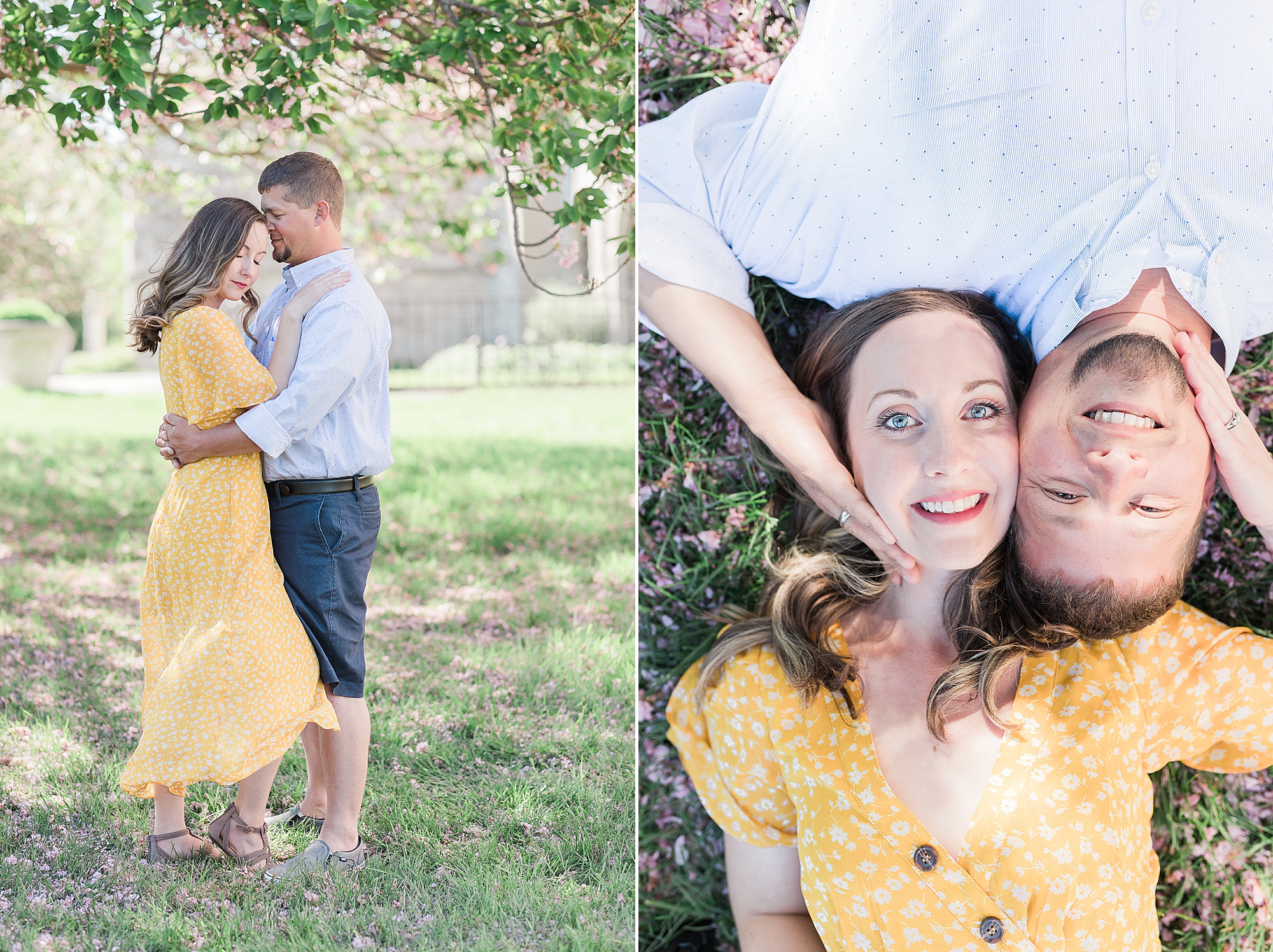 married couple lays in grass during spring photos