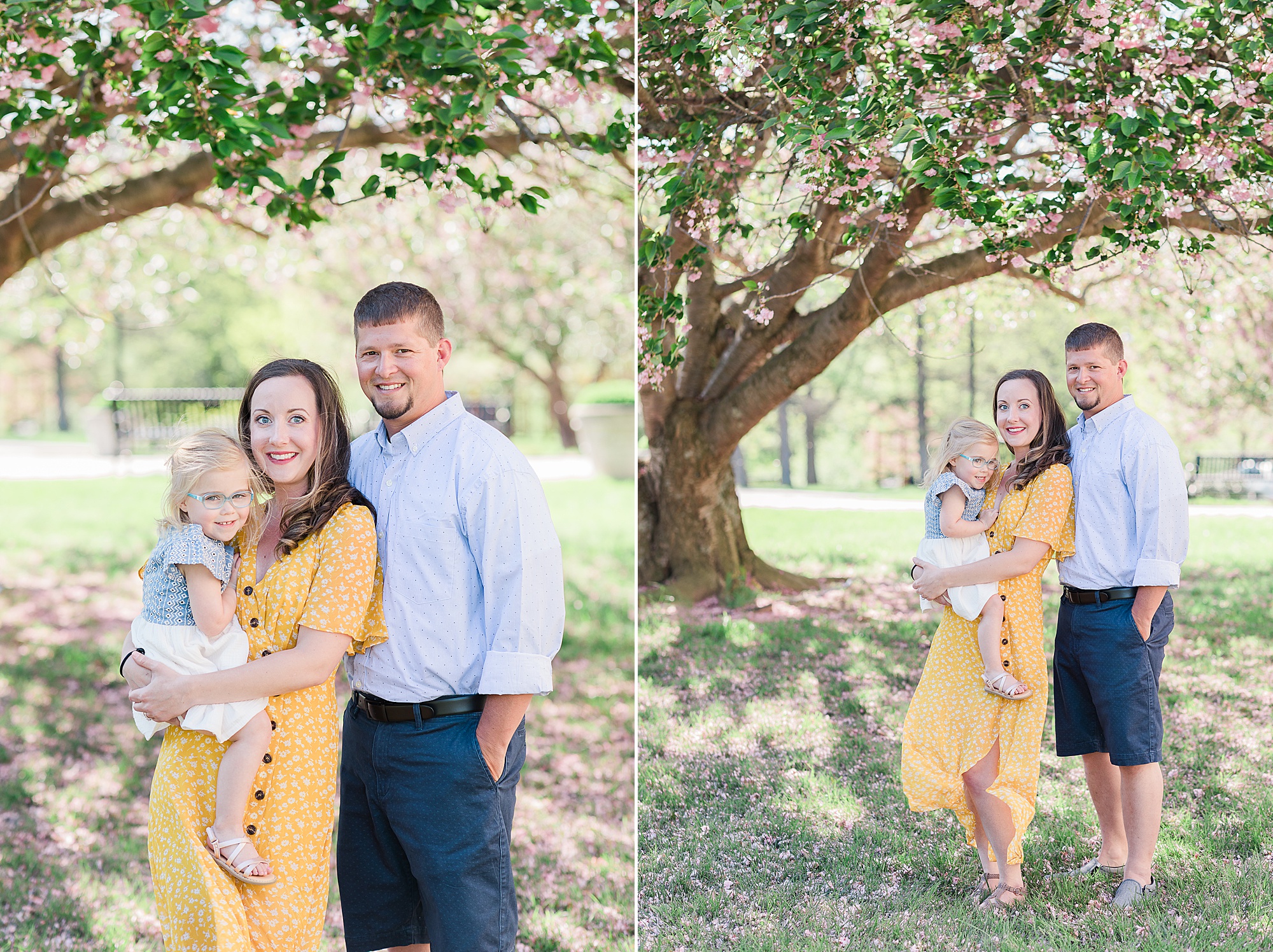 family of three poses together under tree in Howard County MD