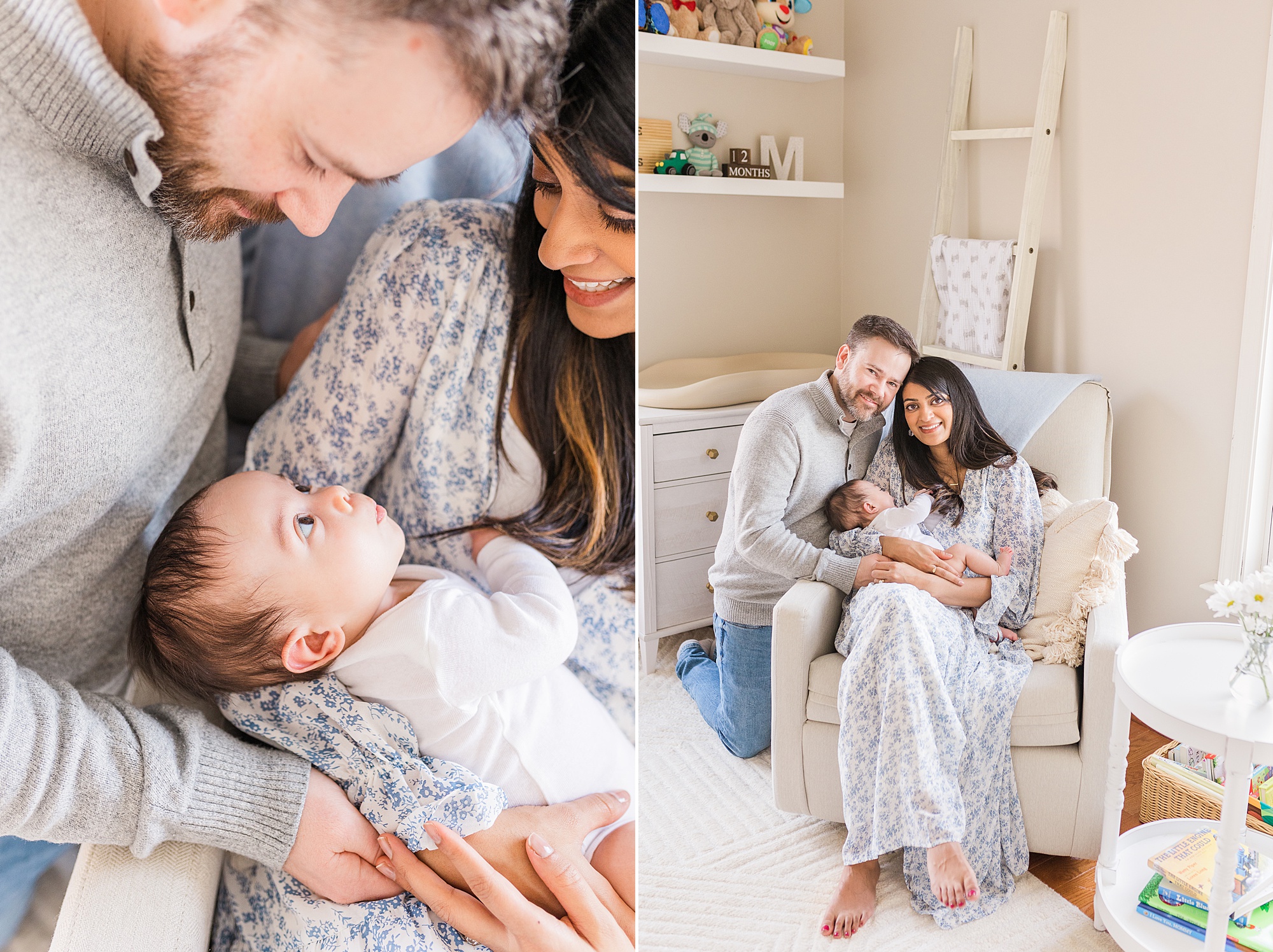 Maryland family poses in chair during cozy lifestyle newborn session