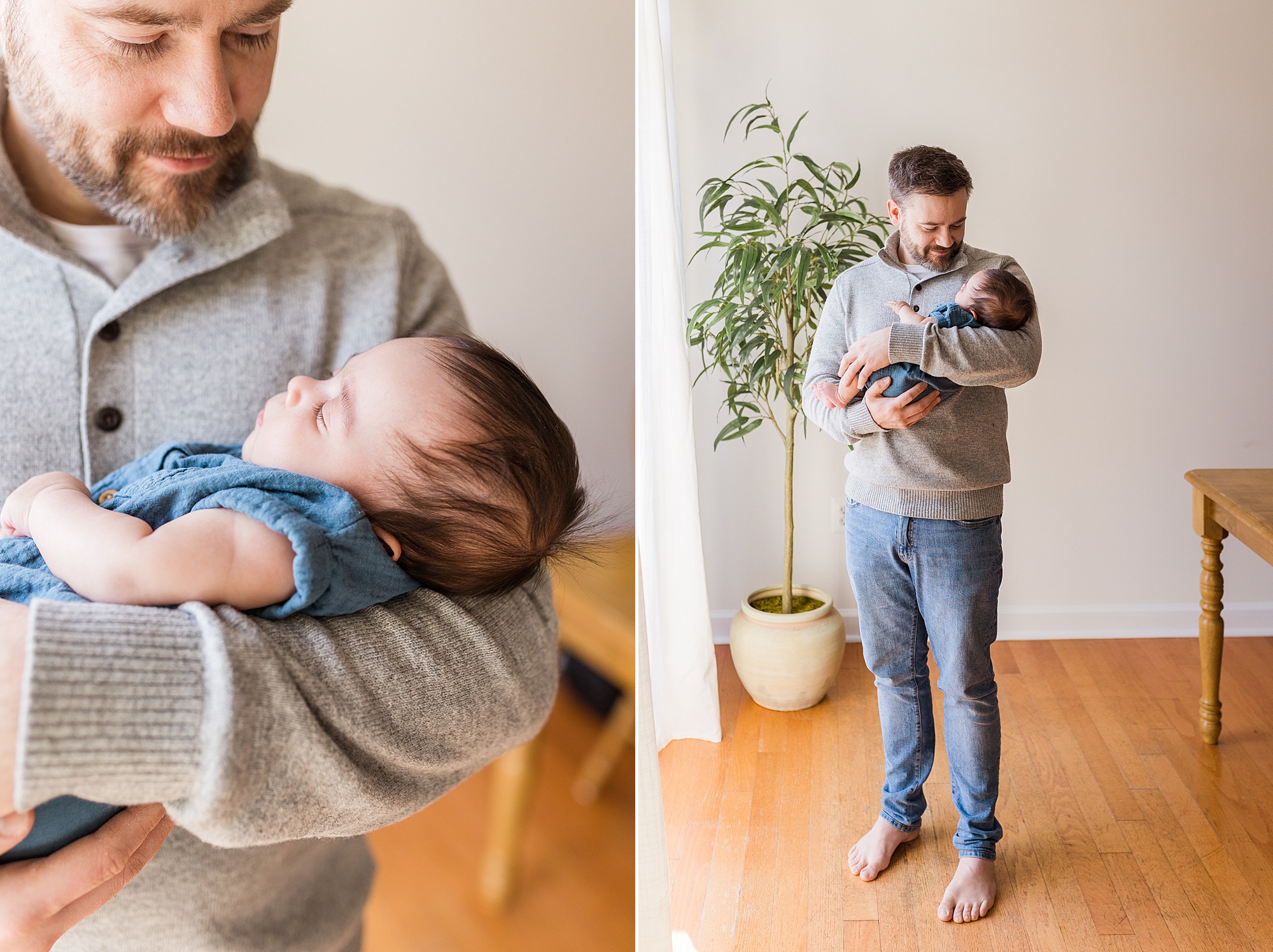 dad holds son by plant at home