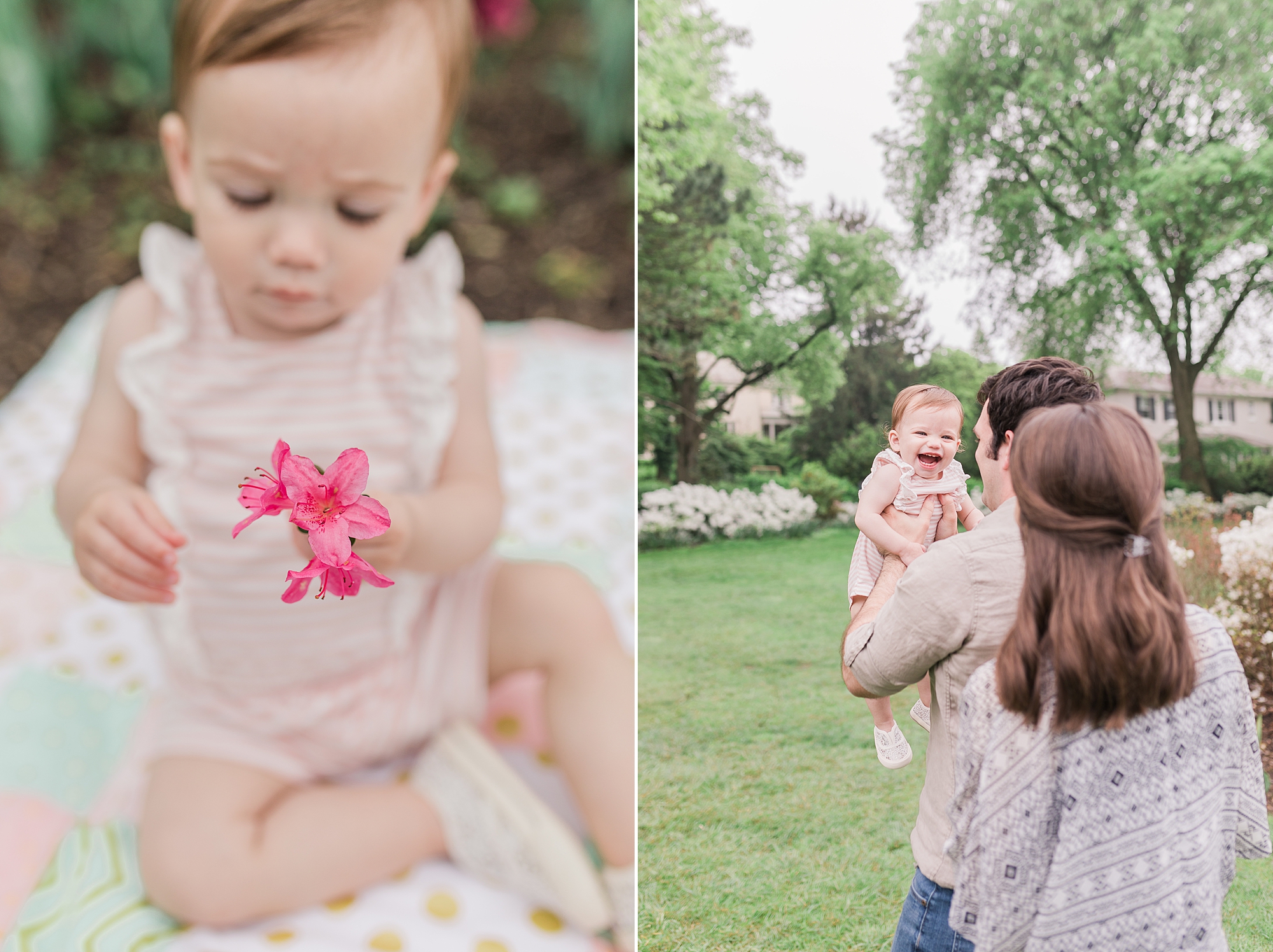 baby plays with pink flower during Sherwood Gardens milestone portraits
