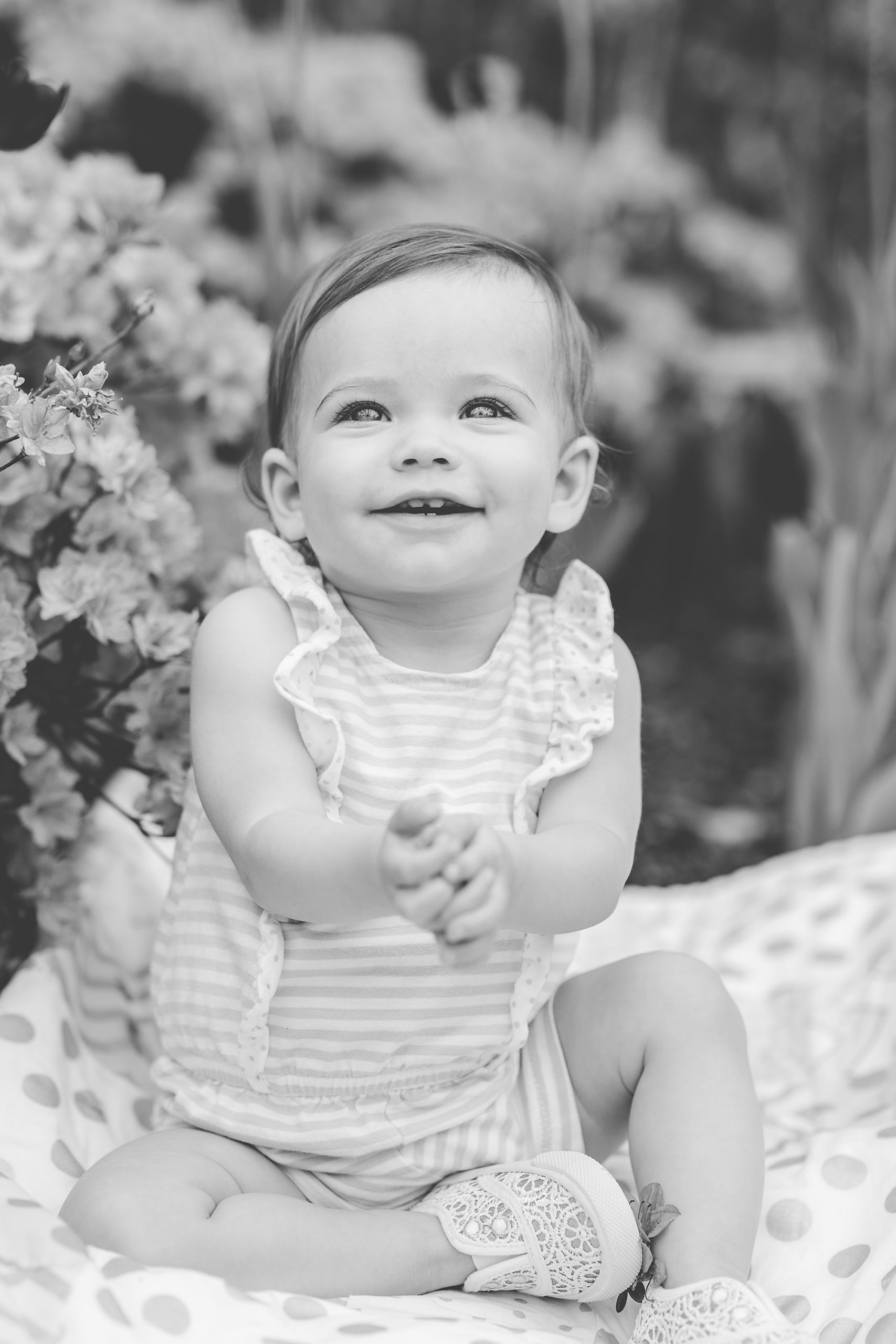 baby sits on blanket during milestone portraits at Sherwood Gardens