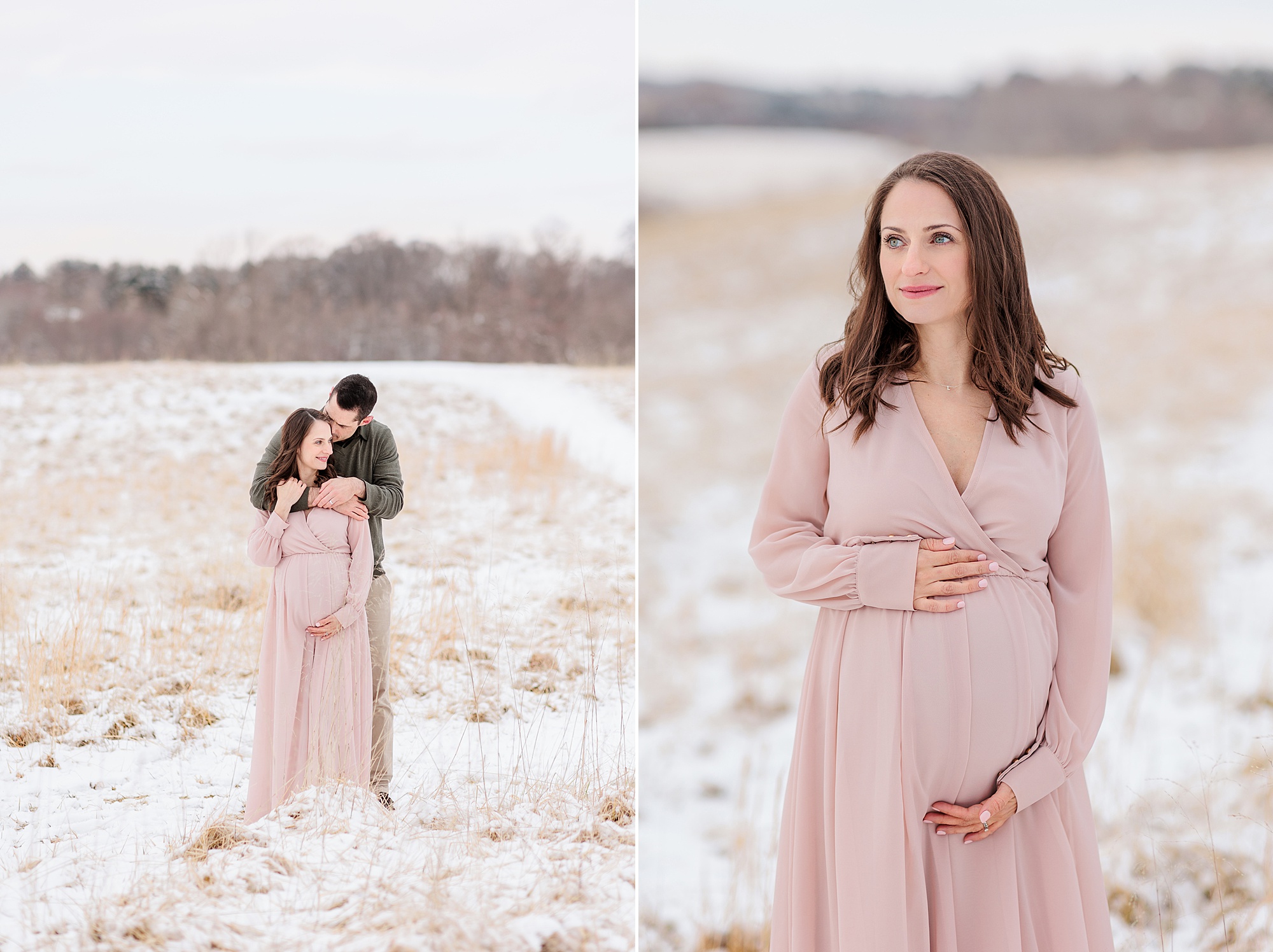 woman in pink gown holds belly during snowy maternity session in Howard County MD