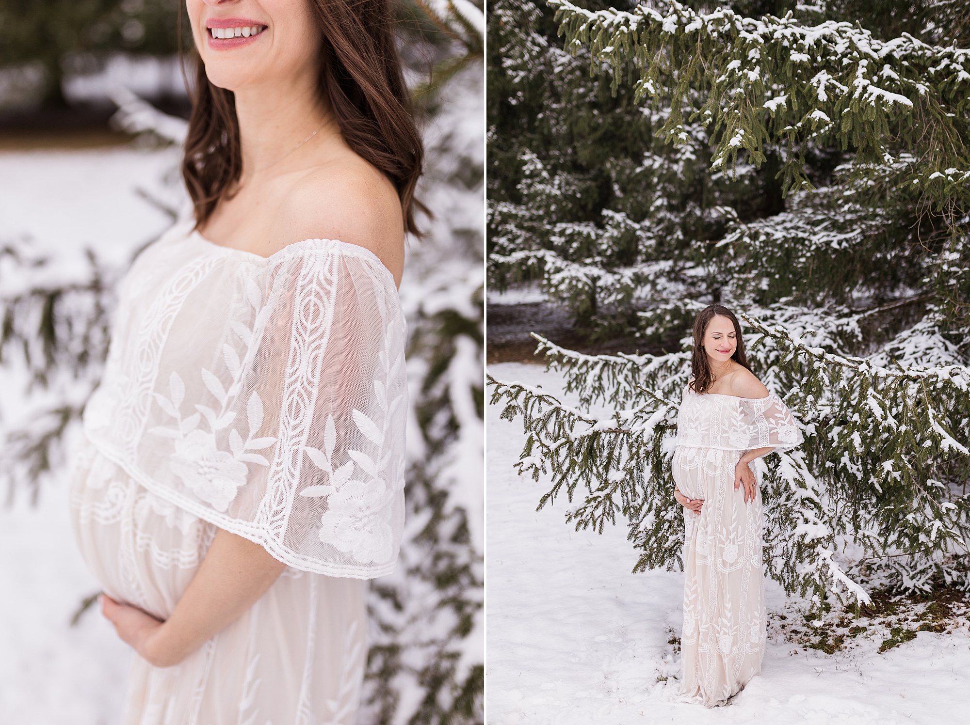 woman poses by snow covered trees during snowy maternity session in Maryland